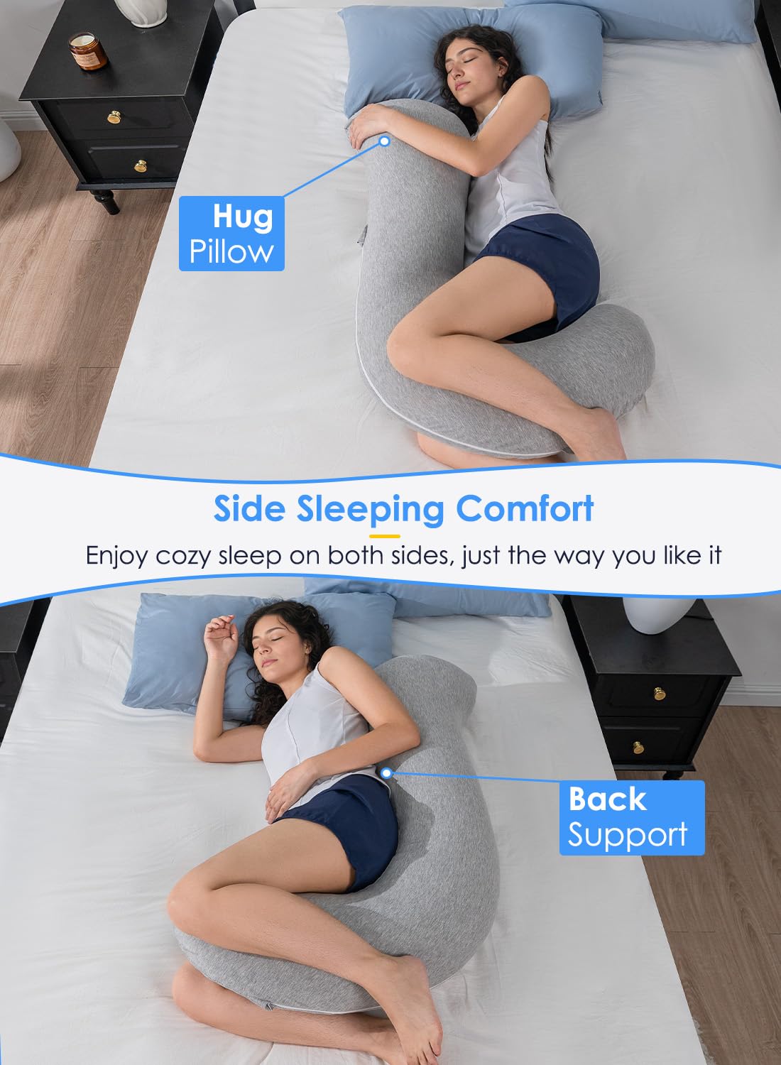 QUEEN ROSE Full Body Support Pillow for Side Sleepers - Cooling S-Shaped Hug Pillow with Removable Cover for Adults, Light Grey | Perfect for Pregnancy Support, Back Pain Relief & Comfortable Sleeping