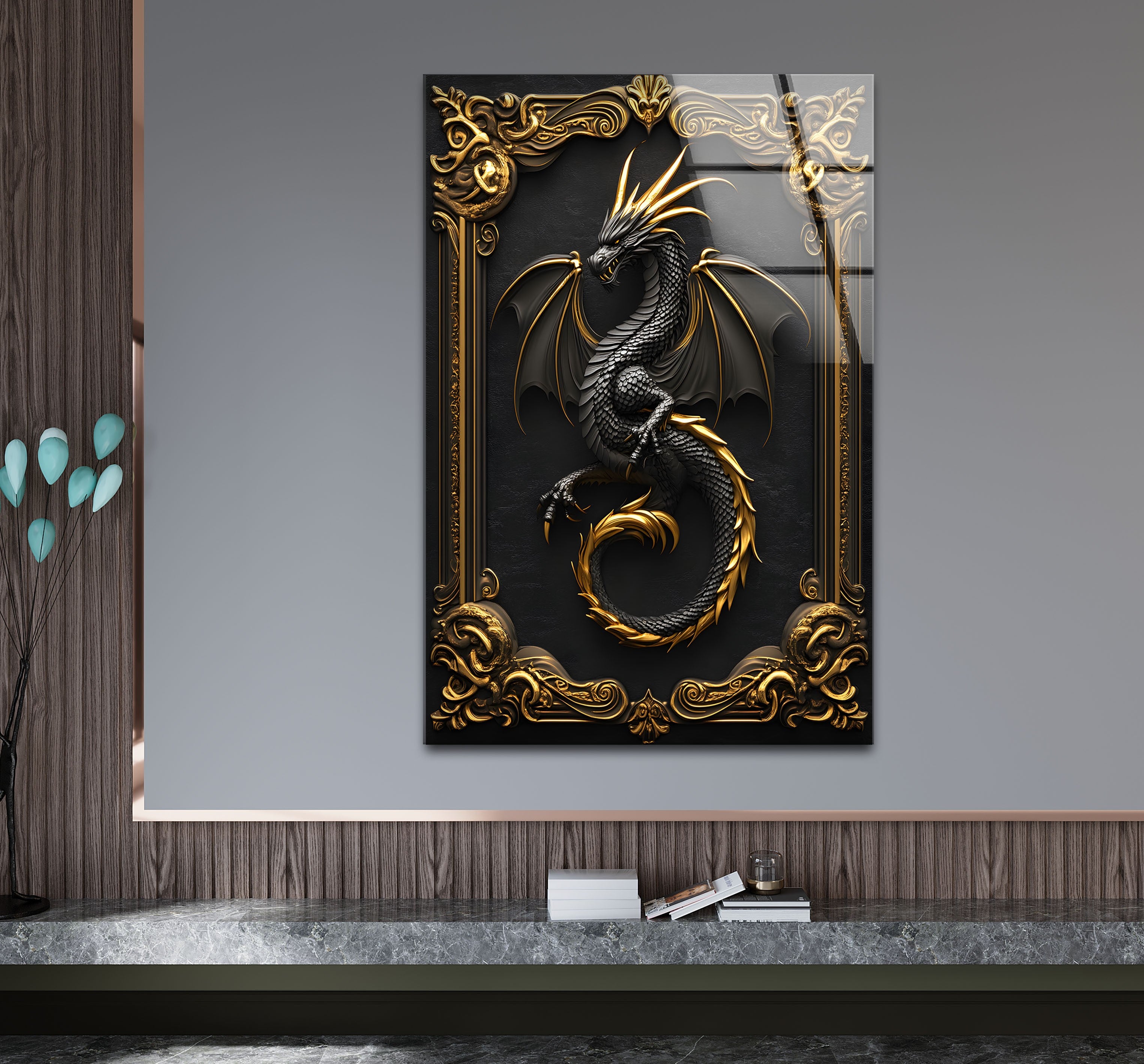 Black and Gold Dragon Fantasy Glass Wall Art - Majestic Home Decor for Living Room, Bedroom & Office