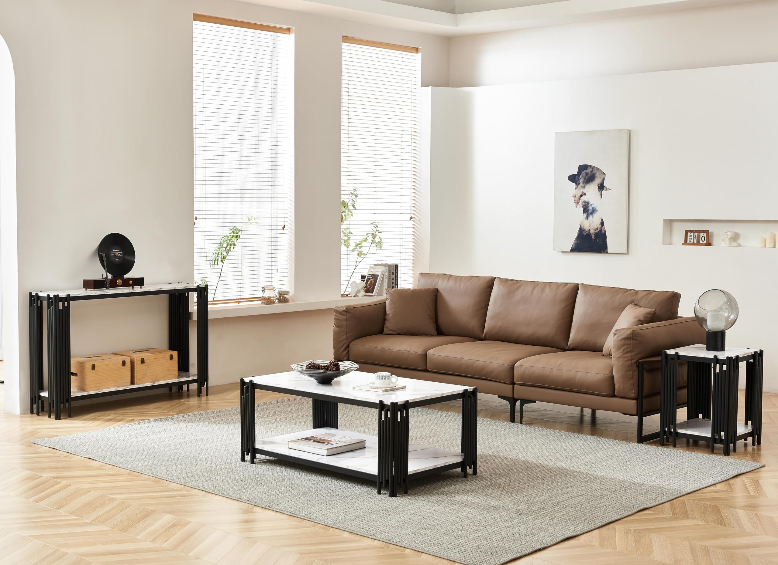 3-Piece White Faux Marble Coffee Table Set with Black Metal Frame - Modern Living Room Table Set Includes Coffee Table & 2 End Tables - Perfect for Living Room, Office, Apartment & Small Spaces