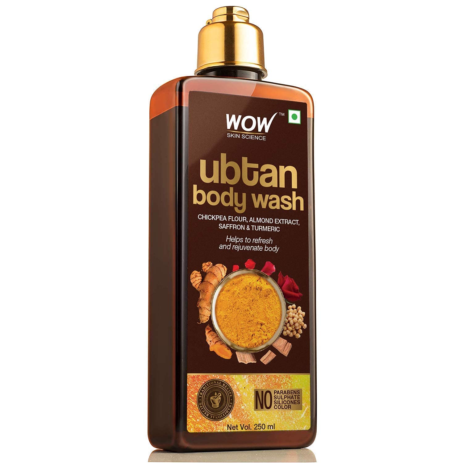 WOW Skin Science Ubtan Body Wash with Chickpea Flour, Almond Extract, Saffron & Turmeric - Natural De-Tan & Brightening Body Cleanser - Sulfate-Free, Paraben-Free, Silicone-Free - 250ml for Glowing Skin - Perfect for Daily Use & Post-Sun Care