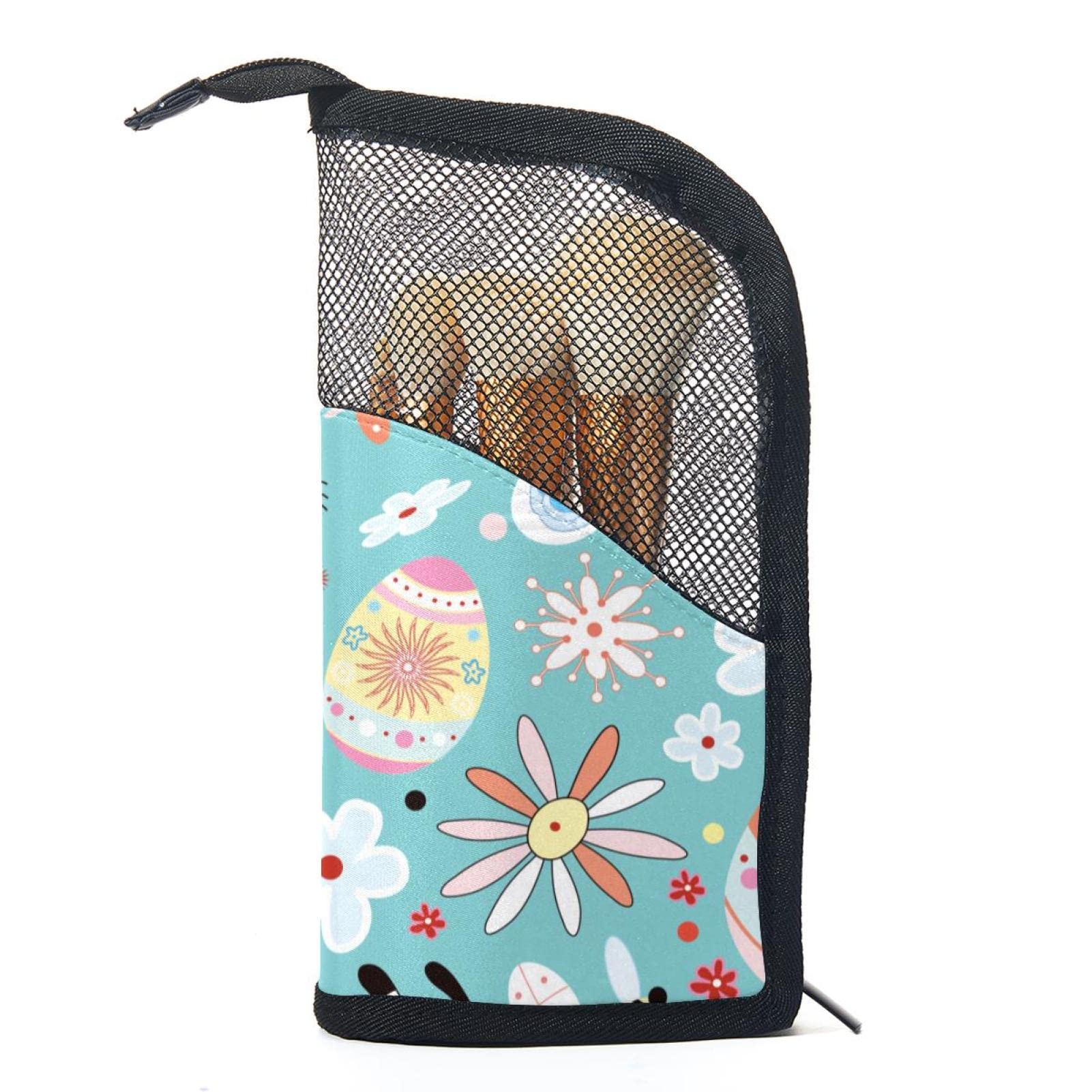 Floral Makeup Brush Organizer Bag with 12 Slots - Portable Travel Cosmetic Brush Holder Case for Easter, Bunnies & Chicks Theme - Perfect for Makeup Artists, Travel & Home Vanity Organization