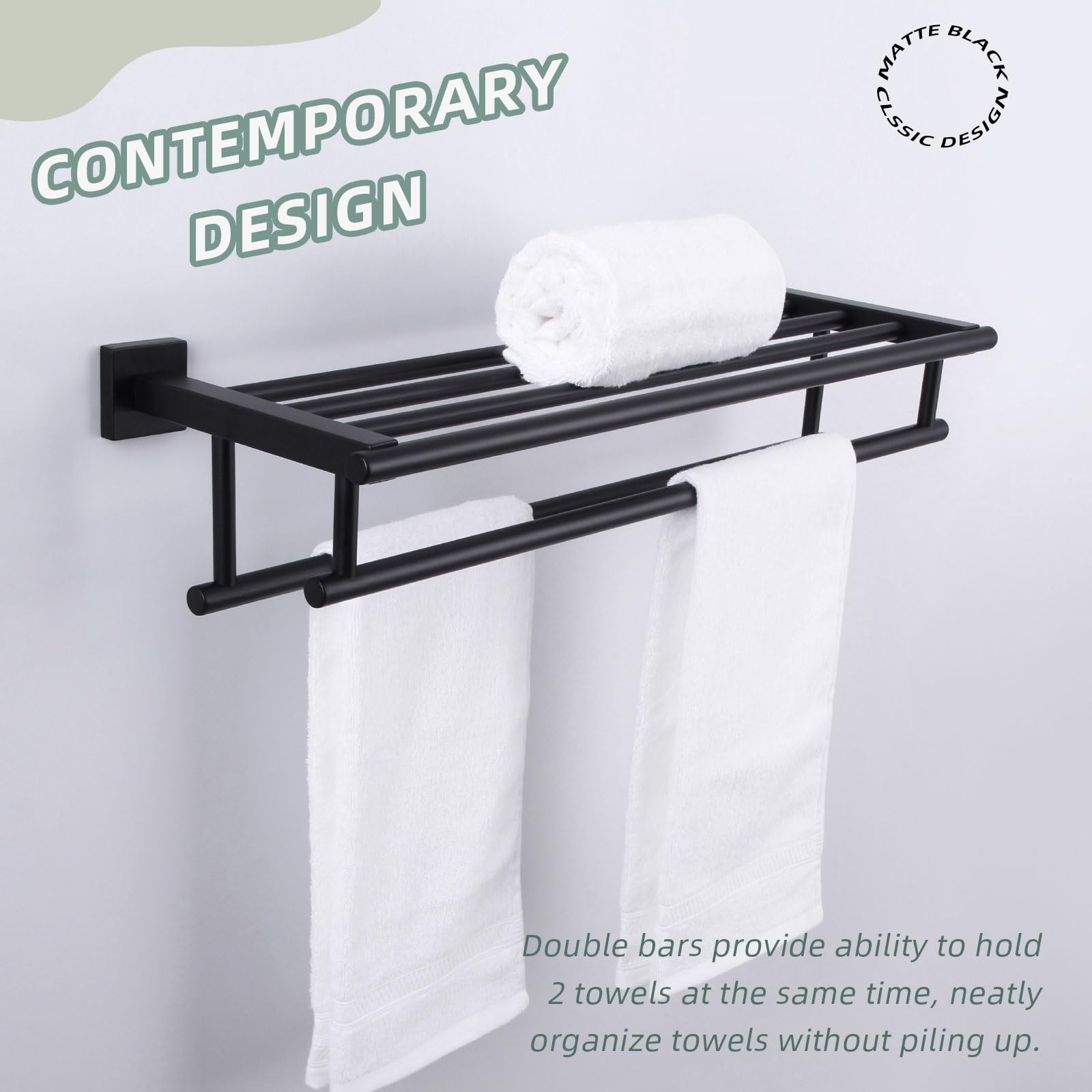 Stainless Steel Wall Mounted Bath Towel Rack with Shelf - Double Towel Holder & Bar - Matte Black 23.62 Inch - Modern Bathroom Storage for Showers & Spas