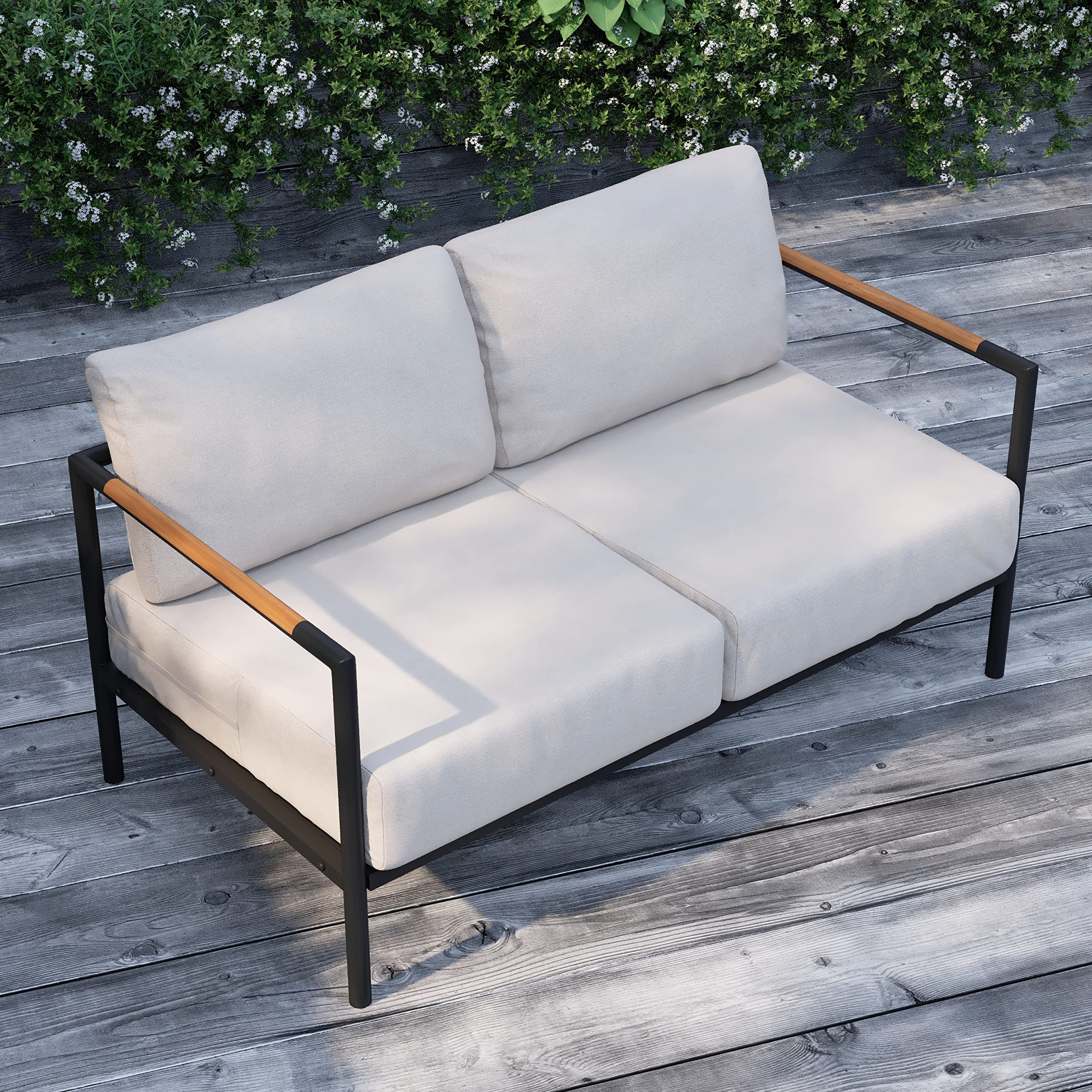 Merrick Lane Eastport Outdoor Loveseat with Removable Beige Fabric Cushions & Black Teak Accented Aluminum Frame - Perfect for Patio, Garden, Poolside or Deck Relaxation