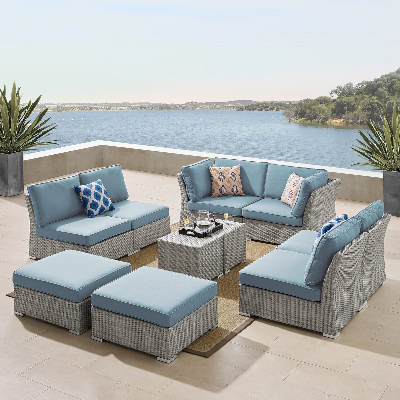 10-Piece Large Outdoor Furniture Set, 6-Seater All-Weather Wicker Patio Conversation Set with 4 Sofa Chairs, 2 Ottomans & 2 Side Tables - Perfect for Backyard, Deck, Garden or Poolside Relaxation (MS121)