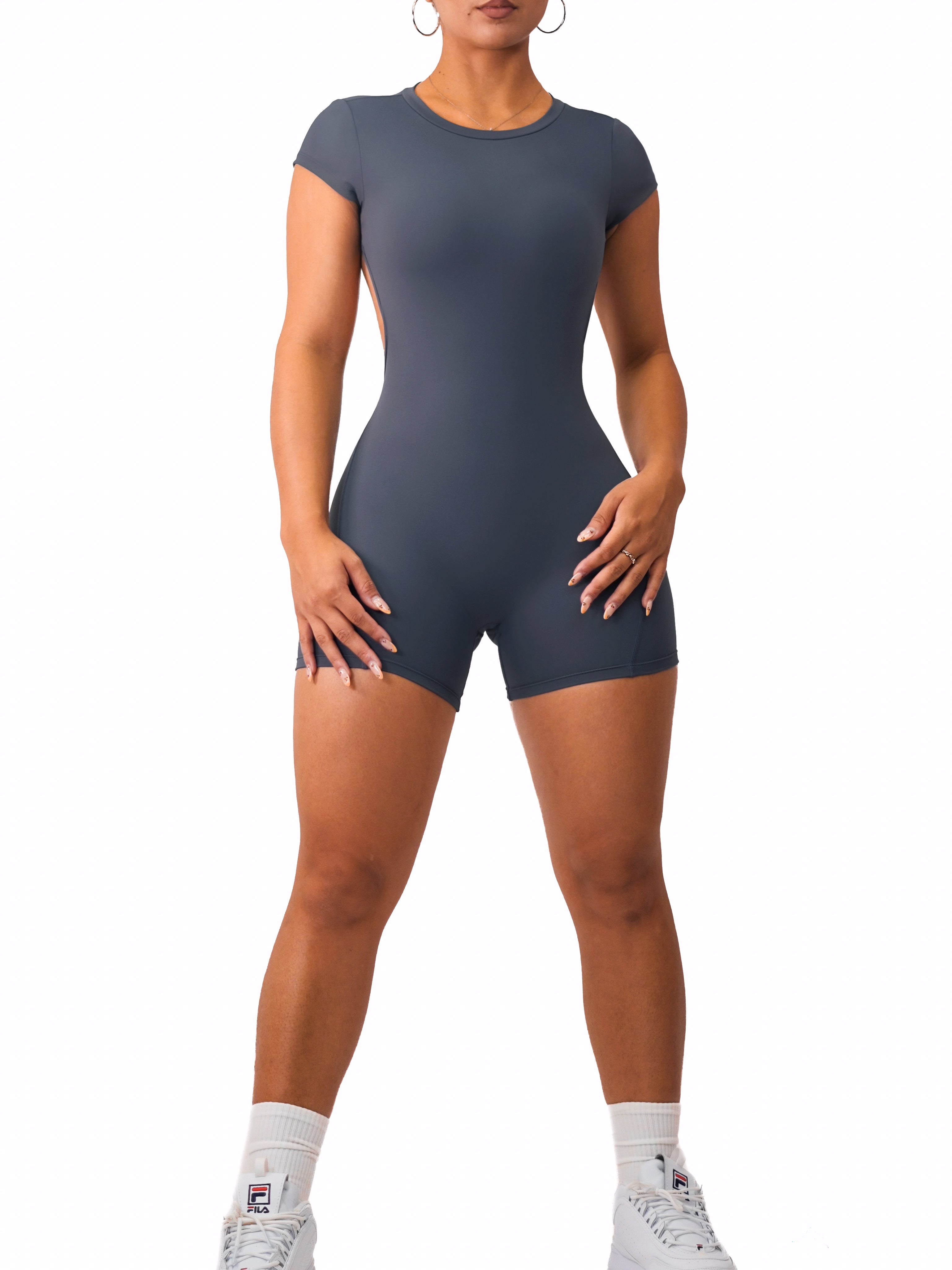 Backless Short Sleeve Romper Jumpsuit for Women - Stretchy Summer Outfit (Charcoal Gray) | Perfect for Beach Vacation, Music Festival & Casual Streetwear