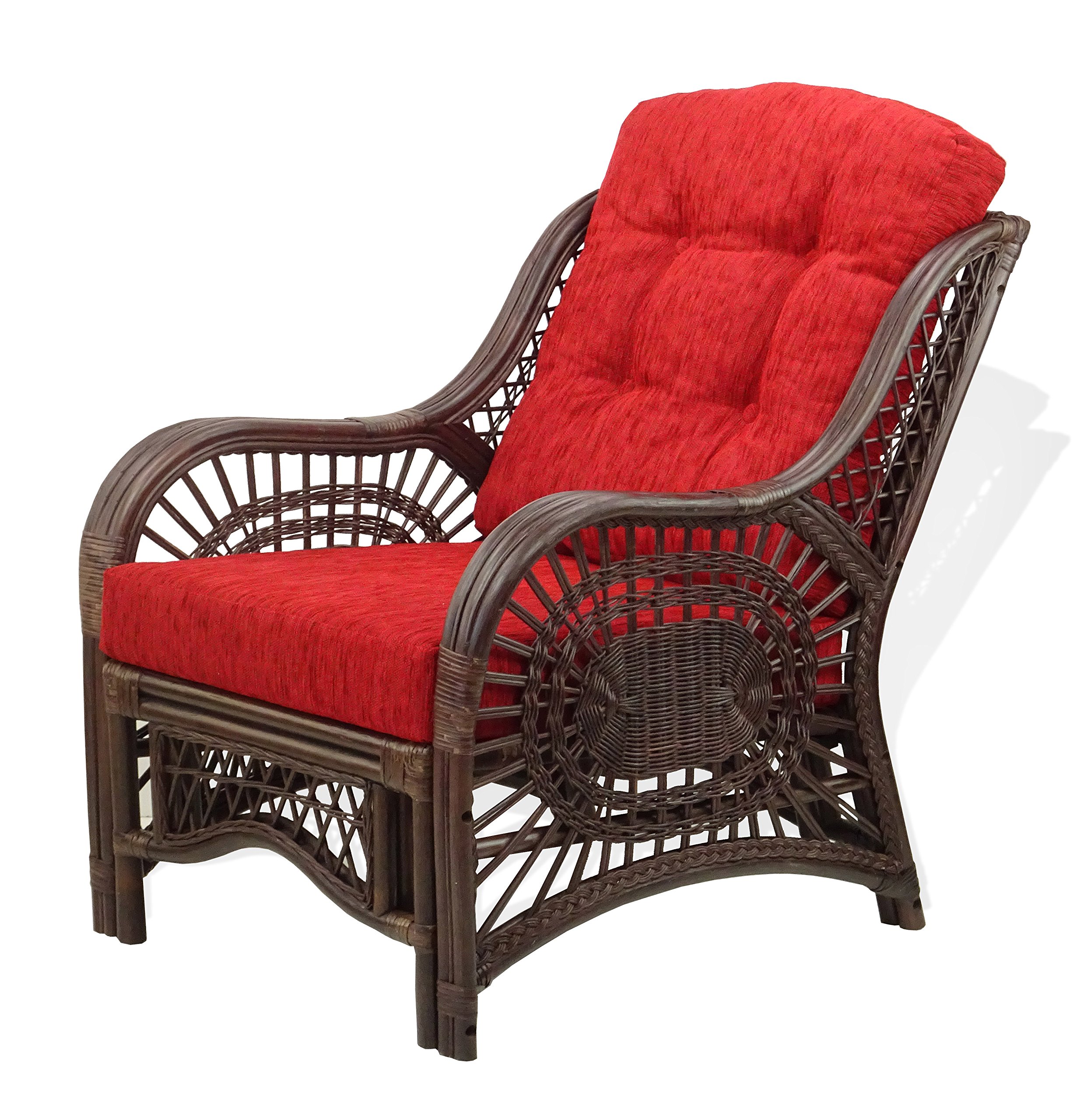 Malibu Living Set - 2 Rattan Wicker Chairs with Burgundy Cushions & Round Glass Coffee Table, Dark Brown - Eco-Friendly Outdoor Patio Furniture for Garden, Poolside, and Backyard Relaxation