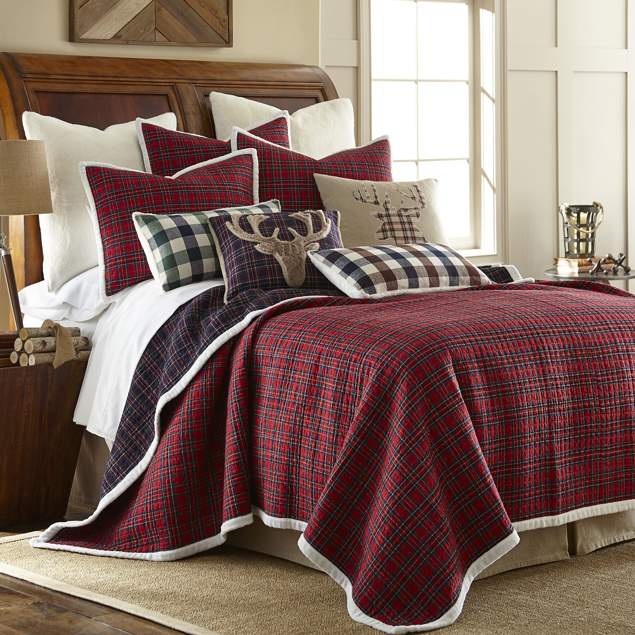 Levtex Home Reversible King Quilt Set - Buffalo Plaid Red & Navy with Cream - 102x86in Quilt + 2 King Shams (20x36in) - 100% Cotton Bedding for Cozy Winter Nights & Farmhouse Style Bedrooms