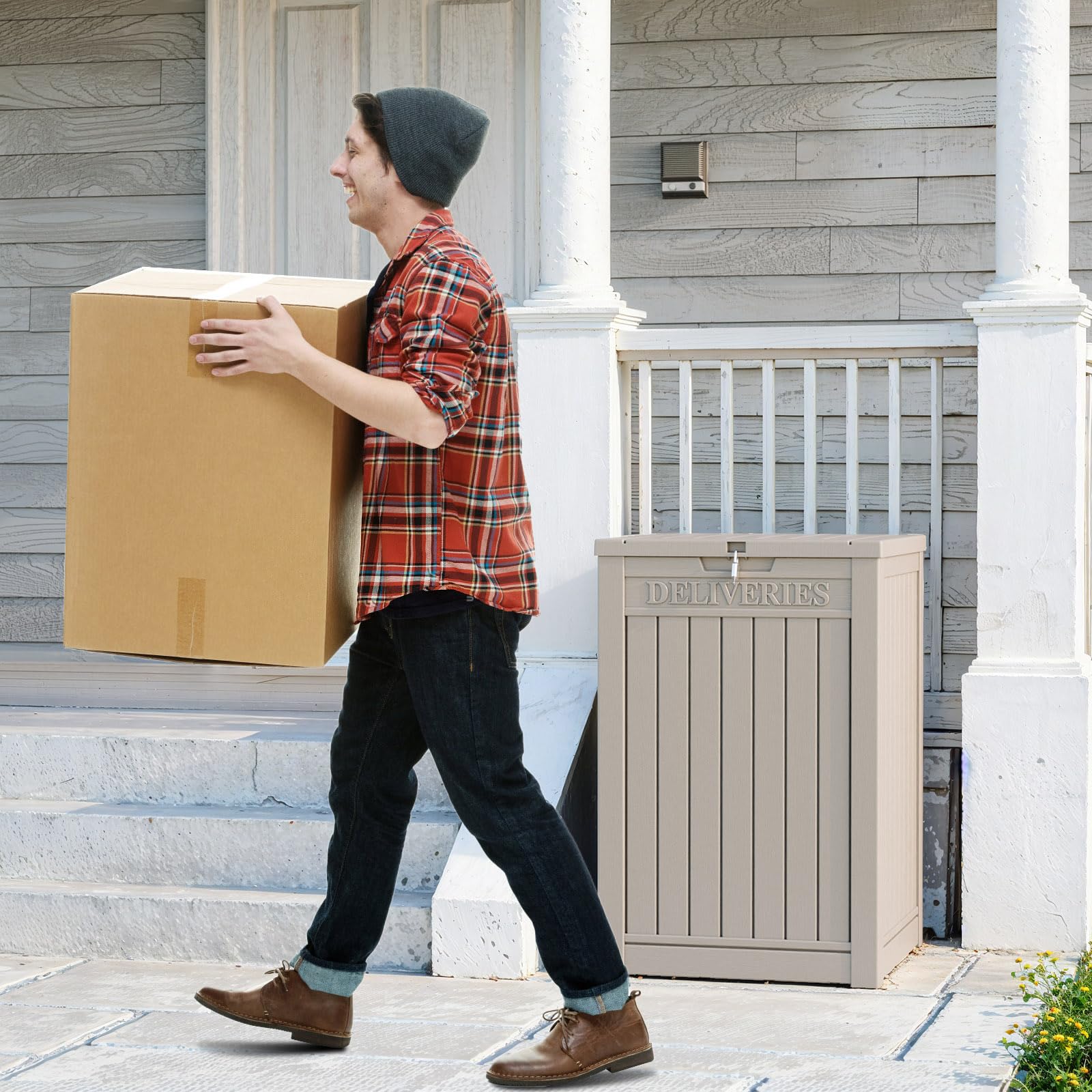 Lockable Outdoor Package Delivery Box - Large Waterproof Double-Wall Resin Storage Deck Box for Porch & Patio (Light Brown, Single Tier) | Secure Mail & Package Protection for Homes, Apartments & Outdoor Spaces