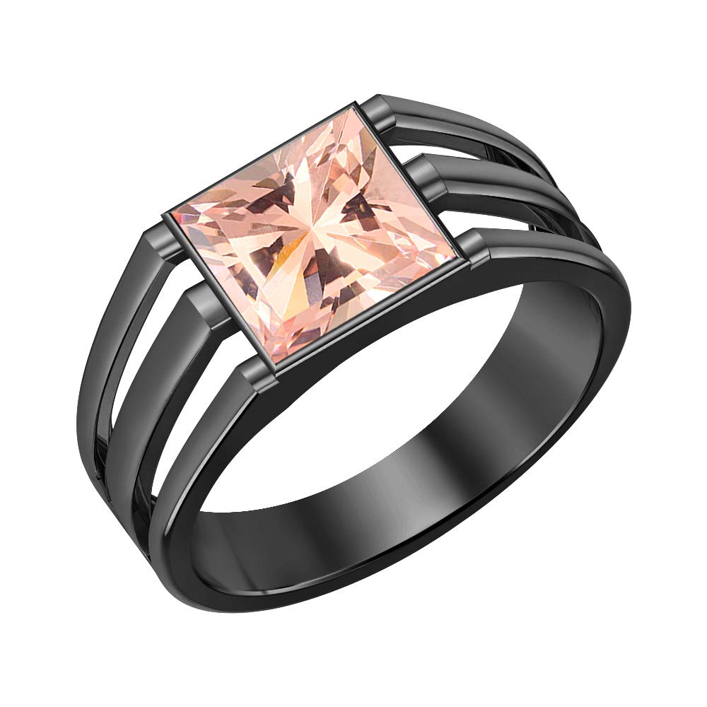 14K Black Gold Plated Solitaire Princess Cut Morganite Men's Wedding Band Engagement Ring for Him - Perfect for Proposals, Anniversaries & Special Occasions