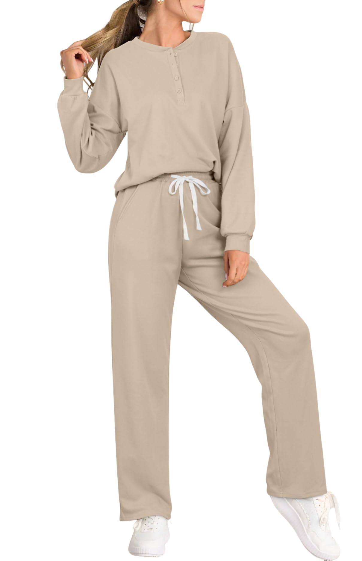 AGSEEM Women's 2-Piece Lounge Set - Quarter Button Long Sleeve Crewneck Outfit with Pockets | Cozy Winter Pajama Set for Home, Sleep & Relaxation