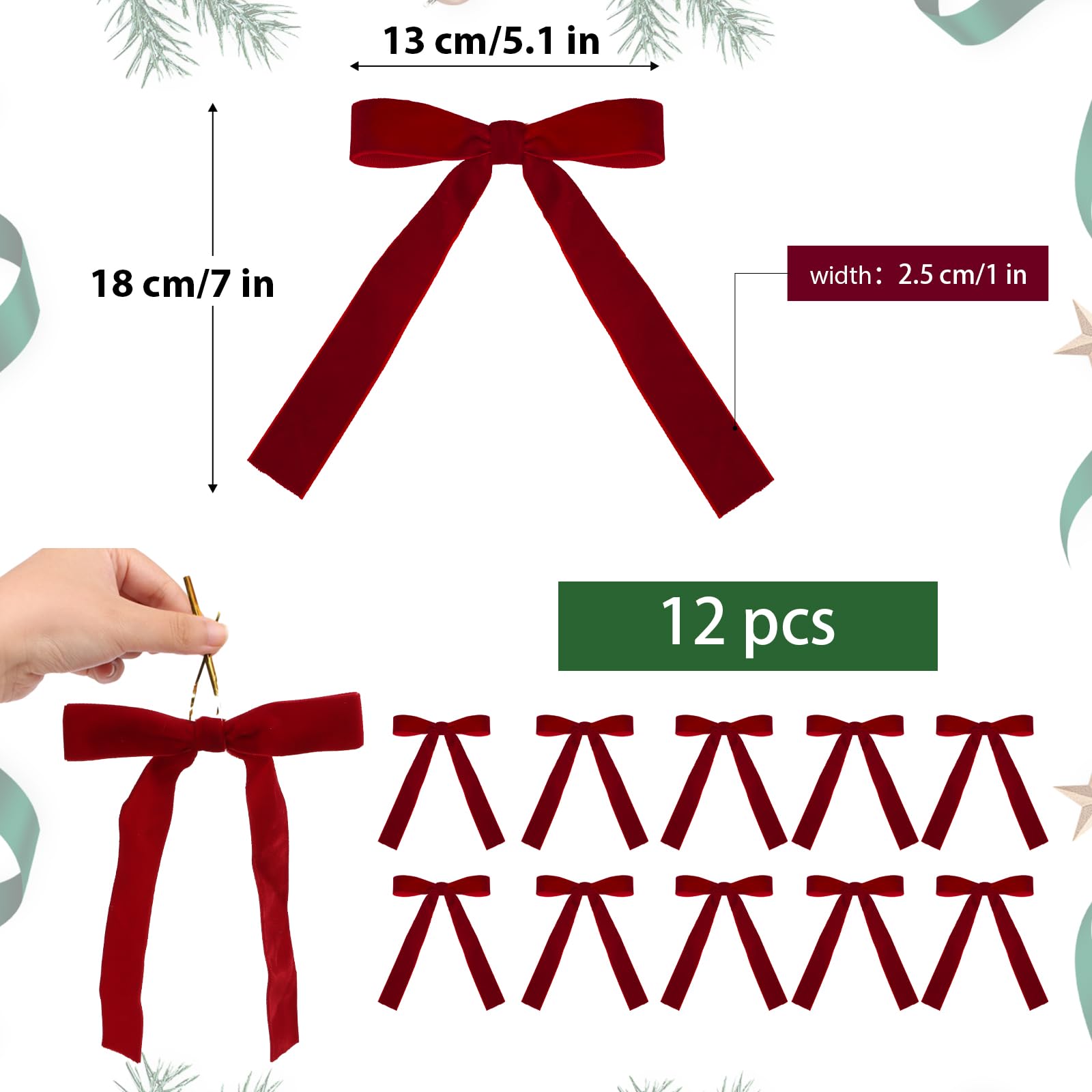 12pcs Red Velvet Christmas Tree Bows - Premium Holiday Decor with Gold Twist Ties for Xmas Tree, Wreath, Garland & Gift Wrapping - Perfect for Holiday Home Decor & Party Decoration