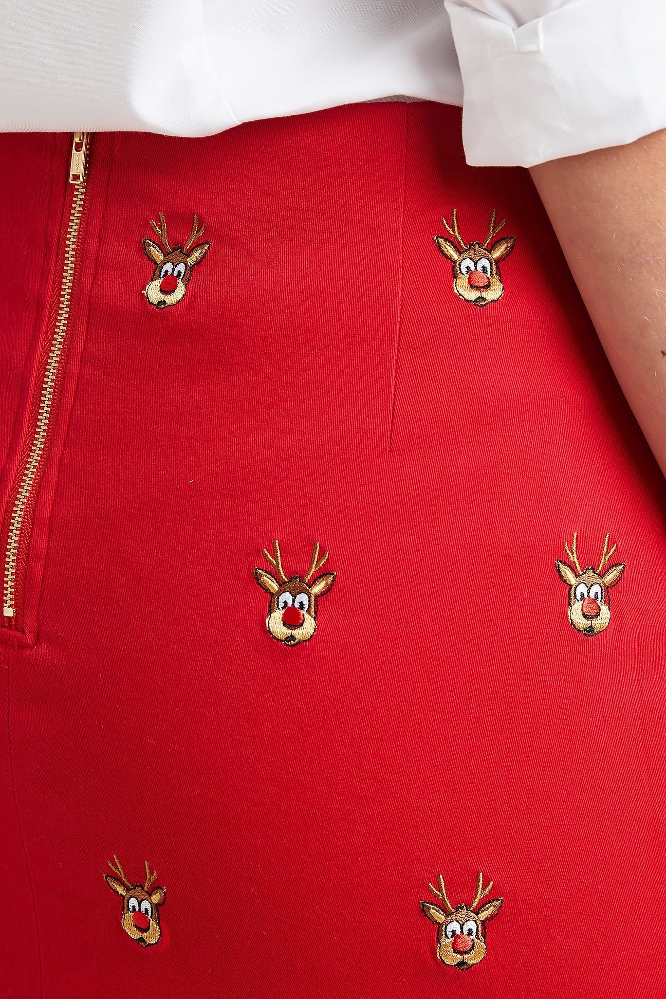 Women's Stretchy Twill Skirt - Bright Red with Rudolph Print | Perfect for Christmas Parties & Holiday Outfits