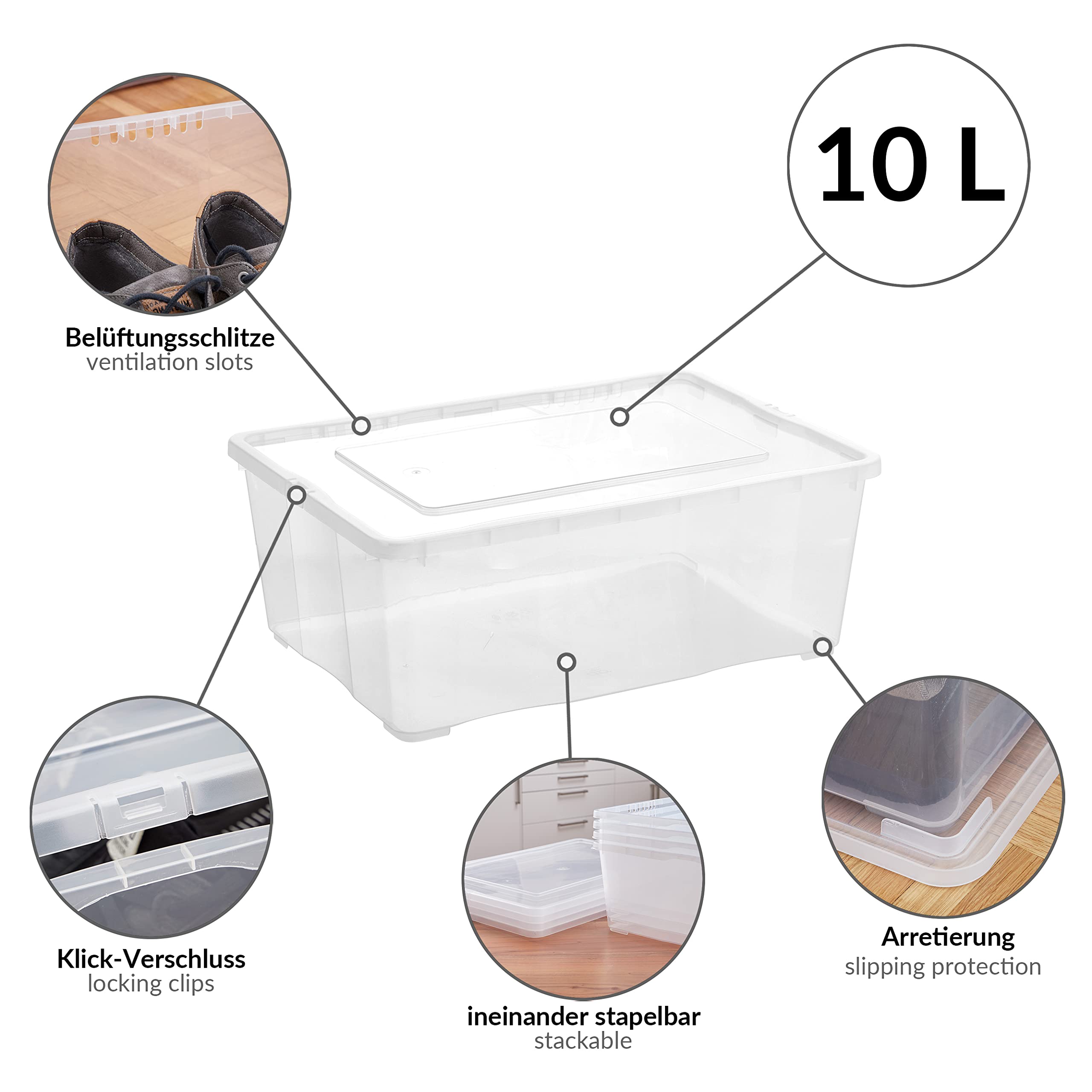 Grizzly 3-Pack Clear Stackable Storage Boxes with Lids - 10 Liter (14.8x10.4x5.7 inch) Plastic Organizer Containers for Home, Office & Craft Organization - Perfect for Pantry, Closet & Toy Storage