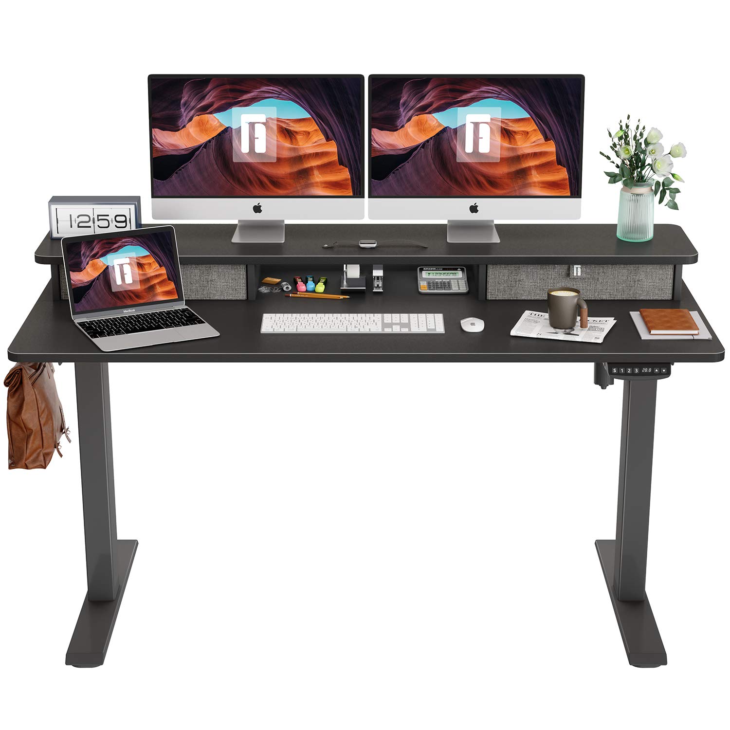 FEZIBO 55 x 24 Inch Electric Height Adjustable Standing Desk with Double Drawers & Storage Shelf - Black Frame/Black Top - Perfect for Home Office, Gaming Setup & Workspace Ergonomics