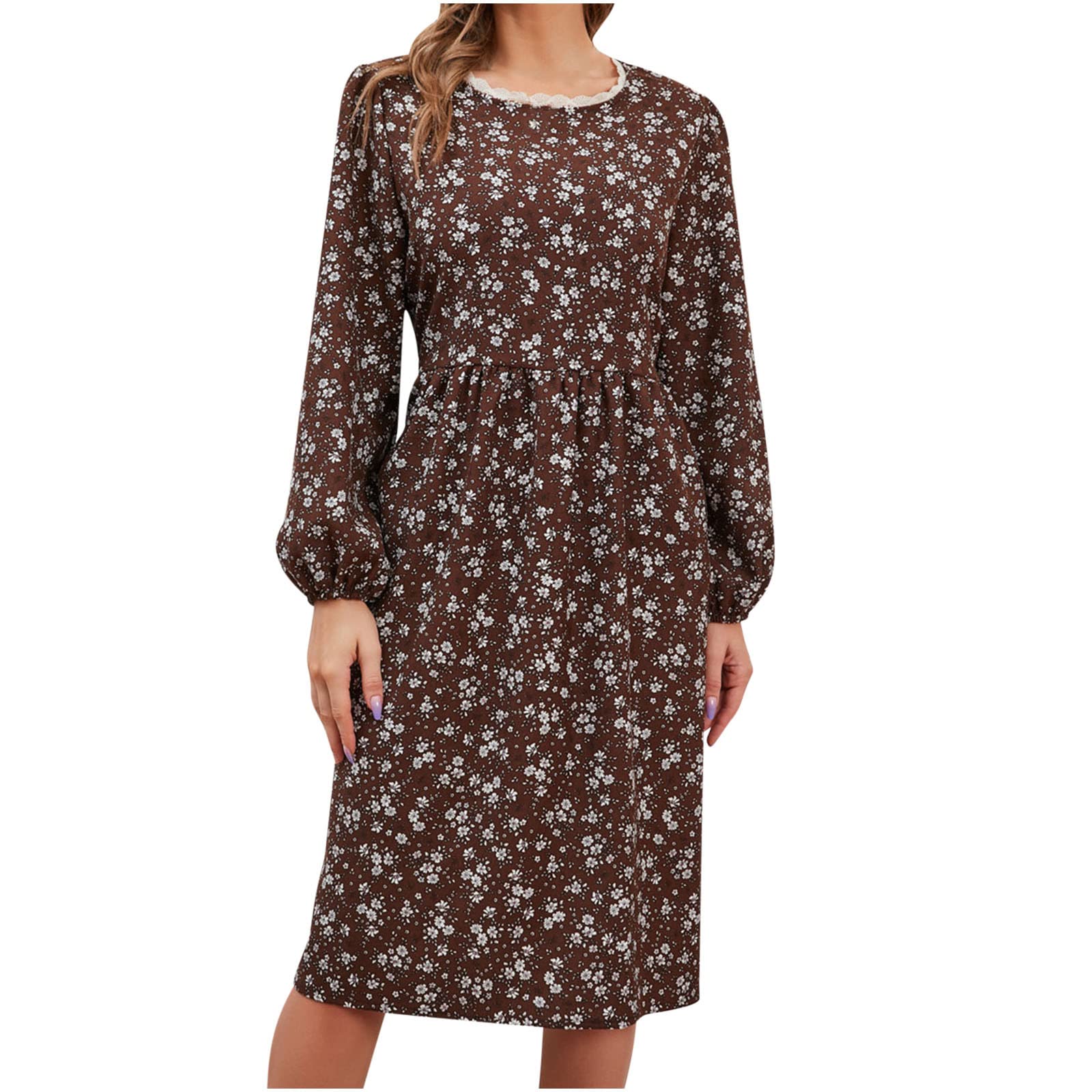 bmkBWO Women's Long Sleeve Floral Print Summer & Fall Dress - Crewneck Swing Knee-Length Smocked Waist Shift Dress for Casual Wear, Office Outfits & Date Nights