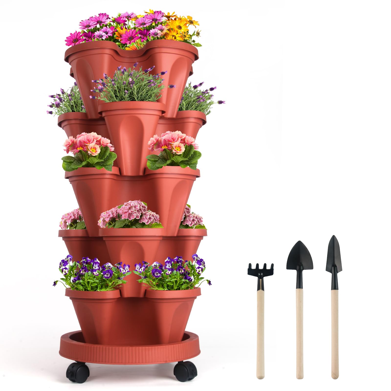 DUNCHATY 5-Tier Stackable Planter with Removable Wheels & Garden Tools - Vertical Indoor/Outdoor Flower Pots for Balcony, Patio, and Home Gardening