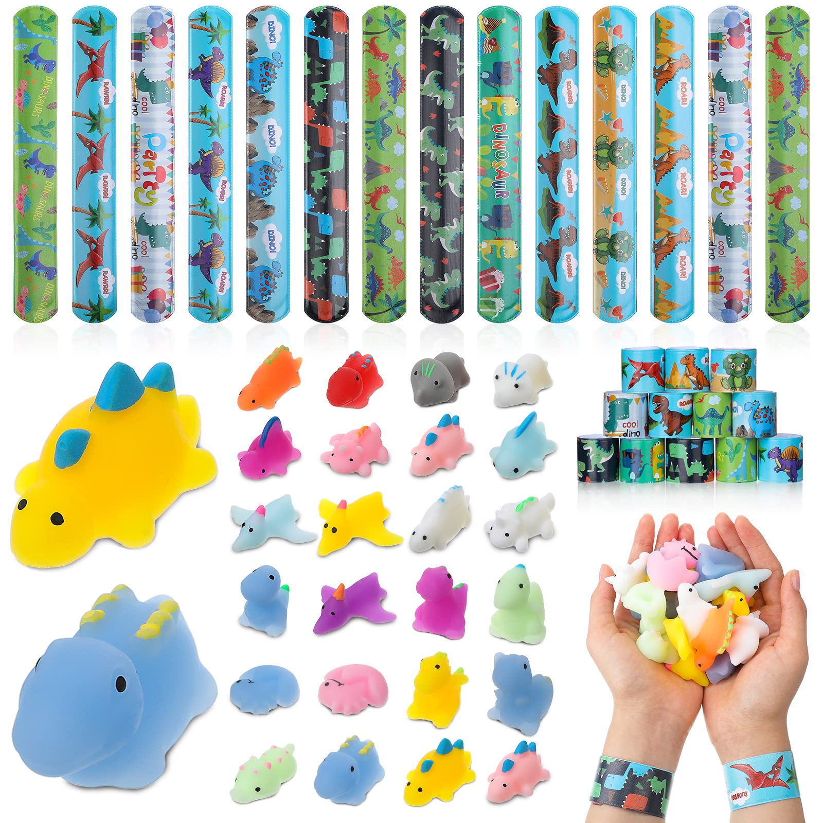 32-Piece Dinosaur Party Favors Set - 16 Dino Slap Bracelets & 16 Kawaii Squishy Mochi Toys - Perfect for Kids Birthday Party, Classroom Rewards & Jurassic Themed Events