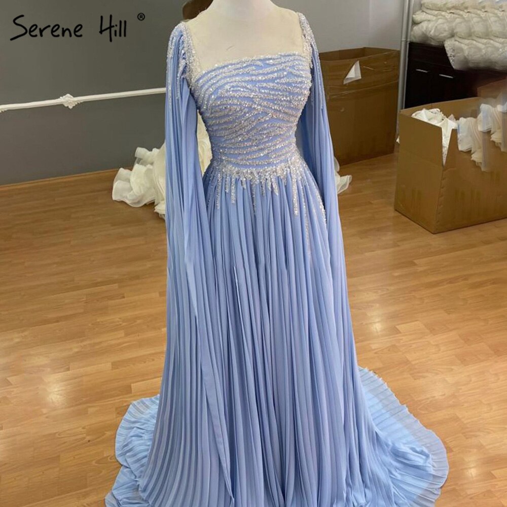 Elegant Beaded Chiffon A-Line Evening Gown with Cape Sleeves for Women - Serene Hill Blue Formal Dress for Parties, Galas & Special Occasions 2025