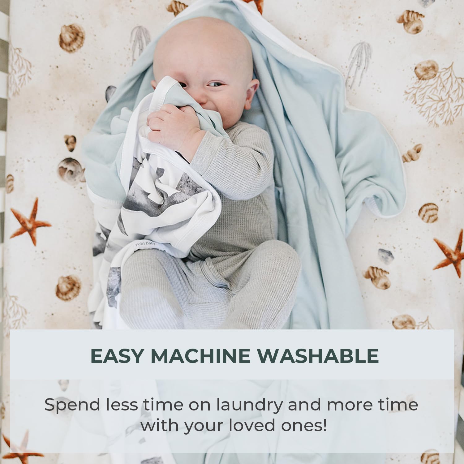Pobi Baby Soft Neutral Blanket - Premium 100% Cotton Toddler Quilt for Boys & Girls | Ultra Soft & Warm Nursery Blanket | Perfect for Crib, Stroller & Baby Shower Gift (Seaside Blue)