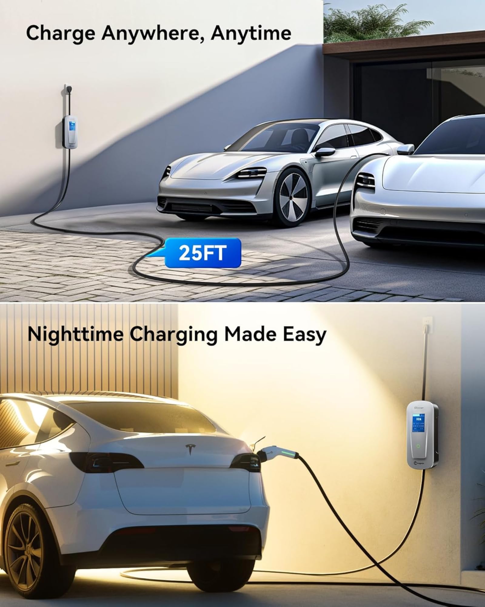 2025 Level 2 EV Charger (32Amp, 240V, NEMA 14-50P) - Portable Fast Charging Station with 25ft Cable & Holder | Smart Scheduled Charging | Compatible with All J1772 EVs & Hybrid Cars | Perfect for Home, Garage & Road Trips | Fast Charging Solution for Tesla, Nissan Leaf, Chevy Bolt & More