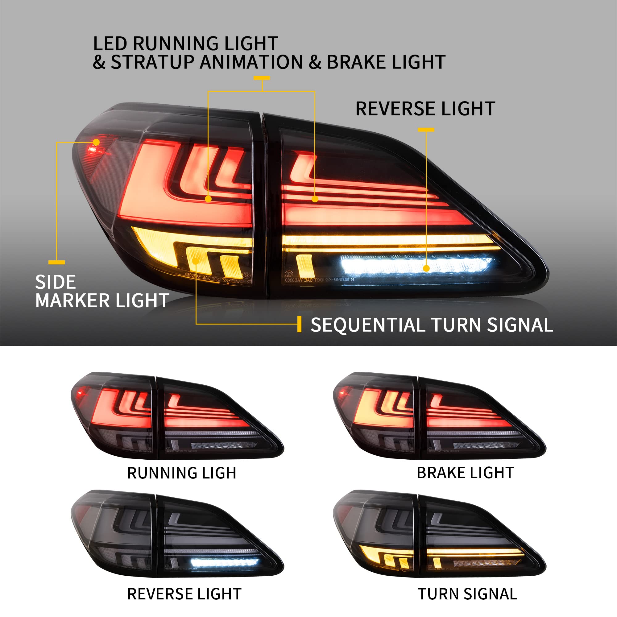 VLAND LED Tail Lights Assembly for 2009-2014 Lexus RX270 RX350 RX450 RX330 RX440H - Dynamic Animation LED Running Lights & Sequential Turn Signals - Smoked Lens (Driver & Passenger Side) - Upgrade Your Lexus RX for Enhanced Nighttime Visibility and Style