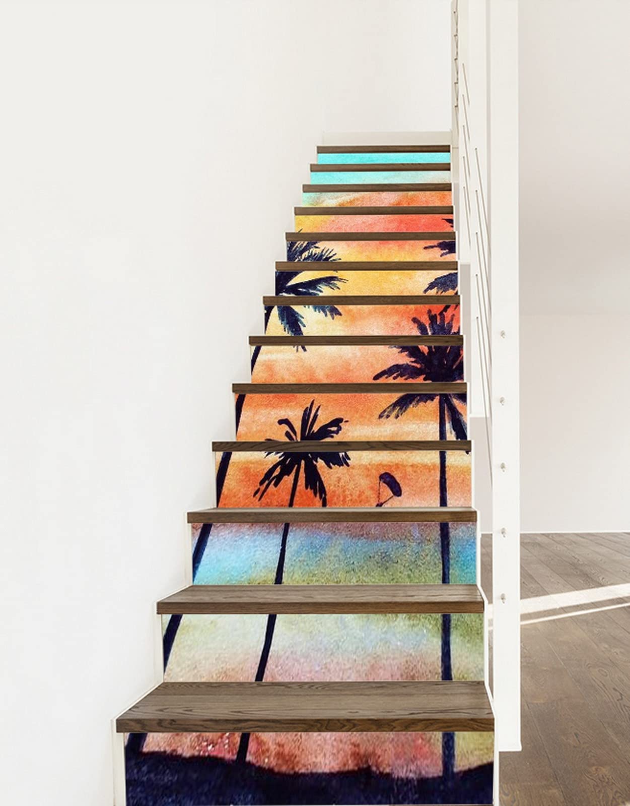 3D Self-Adhesive Removable Stair Stickers - Watercolor Island Beach Sunset Palm Tree Vinyl Decals for Stairs, Kitchen Tiles & Walls (13-Piece Set) | Perfect for Home Decor, DIY Projects & Rental Property Upgrades