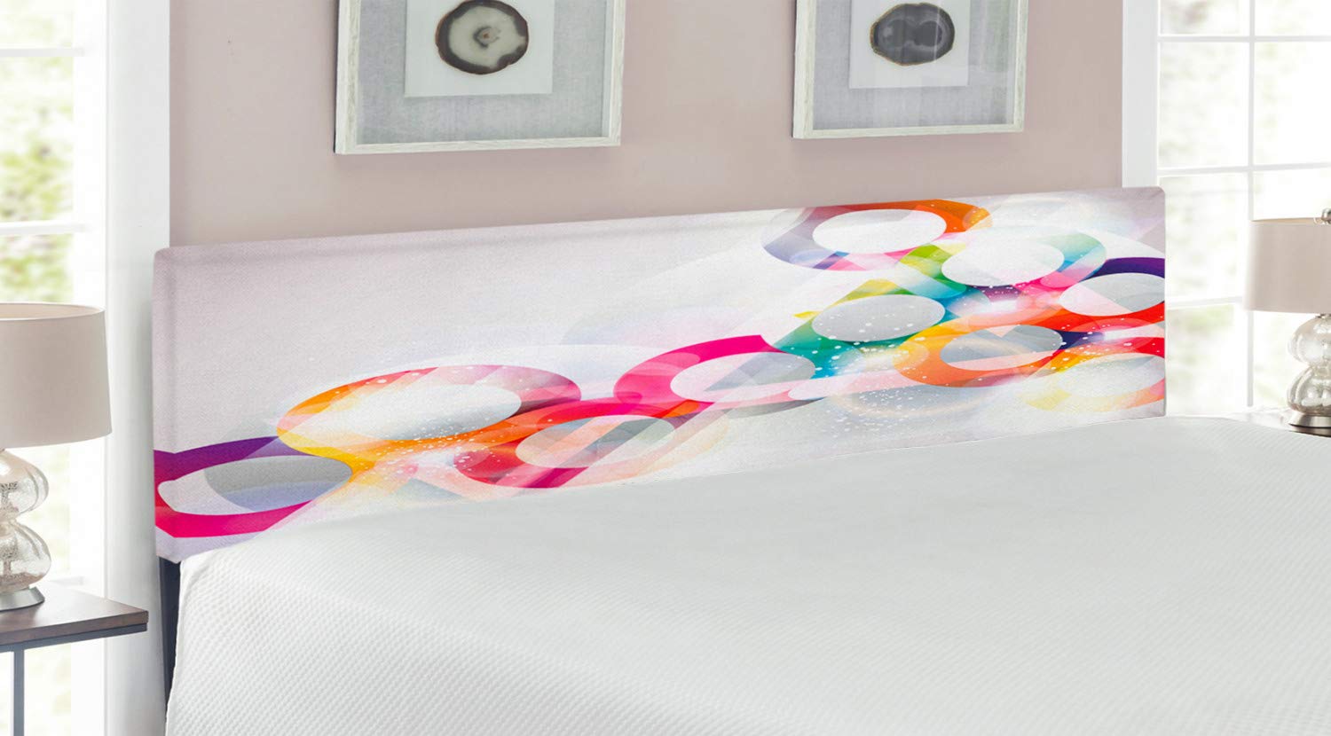 Ambesonne Abstract King Size Headboard - Circular Gradient Bubble Artwork with Memory Foam Upholstery | Purple & Orange Metal Bed Frame for Modern Bedrooms