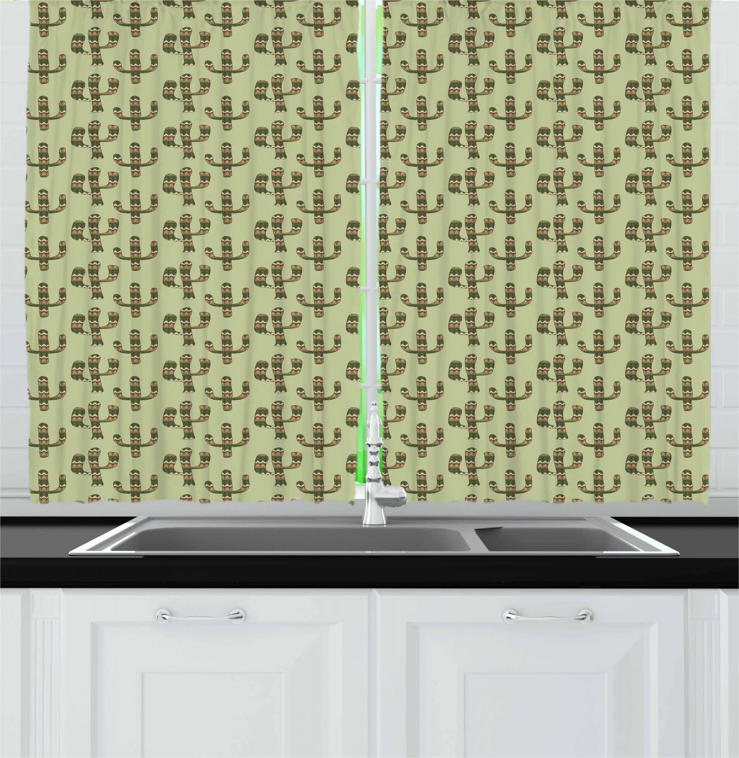 Ambesonne Cactus Print Kitchen Curtains - Mexican Inspired Indigenous Foliage Abstract Chevron Design, 2 Panel Rod Pocket Drapes for Windows, 55