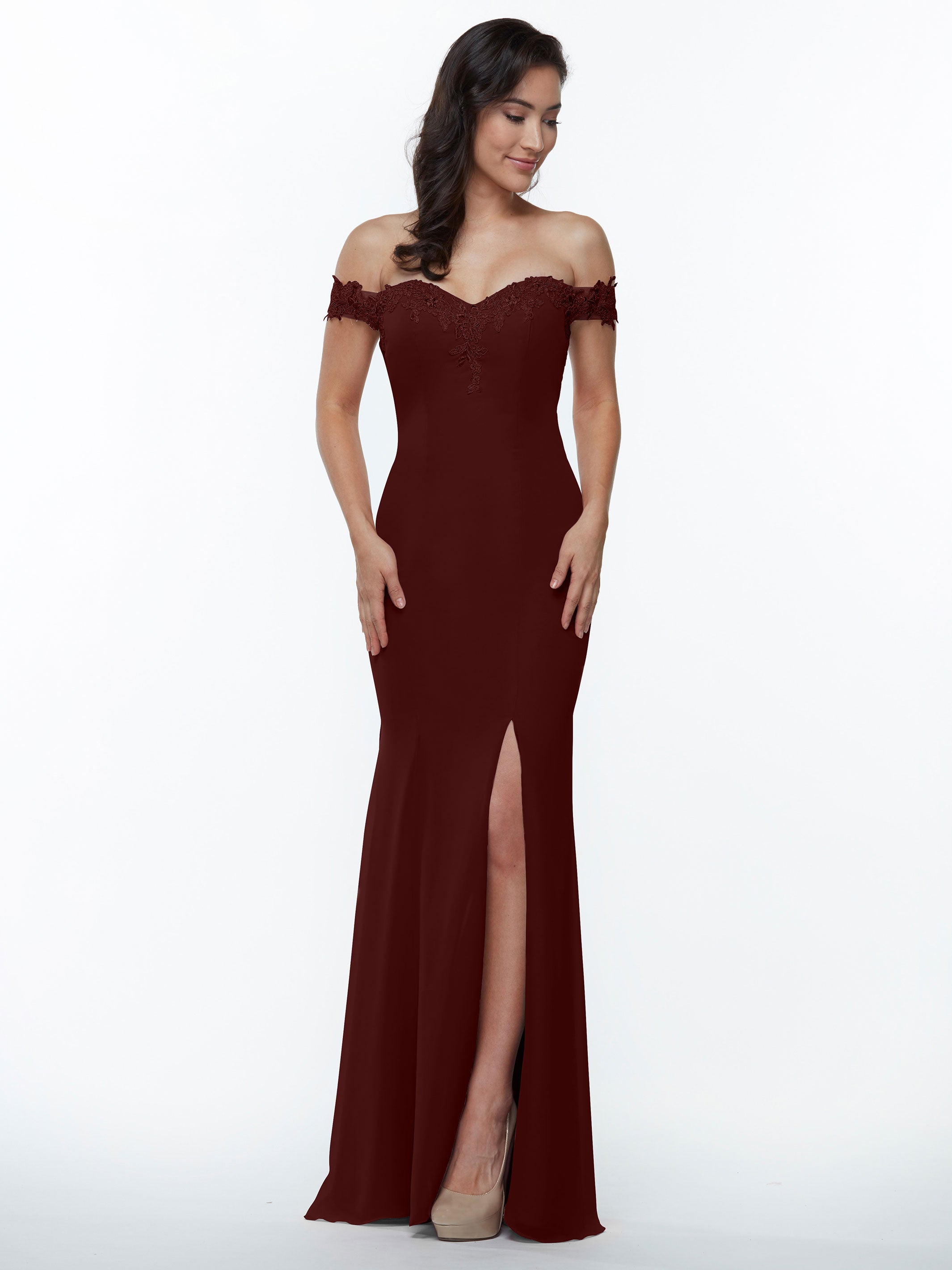 Elegant Off-the-Shoulder Lace and Chiffon Bridesmaid Dress 80121 - Perfect for Weddings, Formal Events & Special Occasions