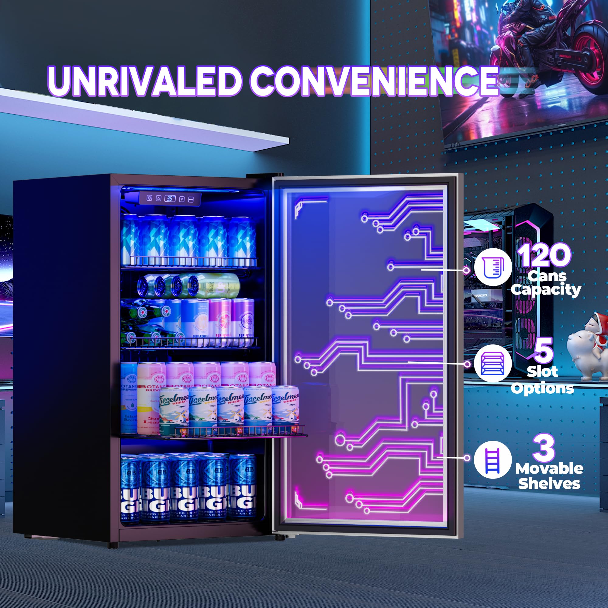 LED Gaming Beverage Refrigerator - 120 Can Freestanding Drink Cooler with Cyberpunk Lighting for Gaming Room, Bar, Party & Home Entertainment | Energy Efficient Mini Fridge for Soda, Beer & Energy Drinks | Perfect for Man Cave, Game Nights & Social Gatherings
