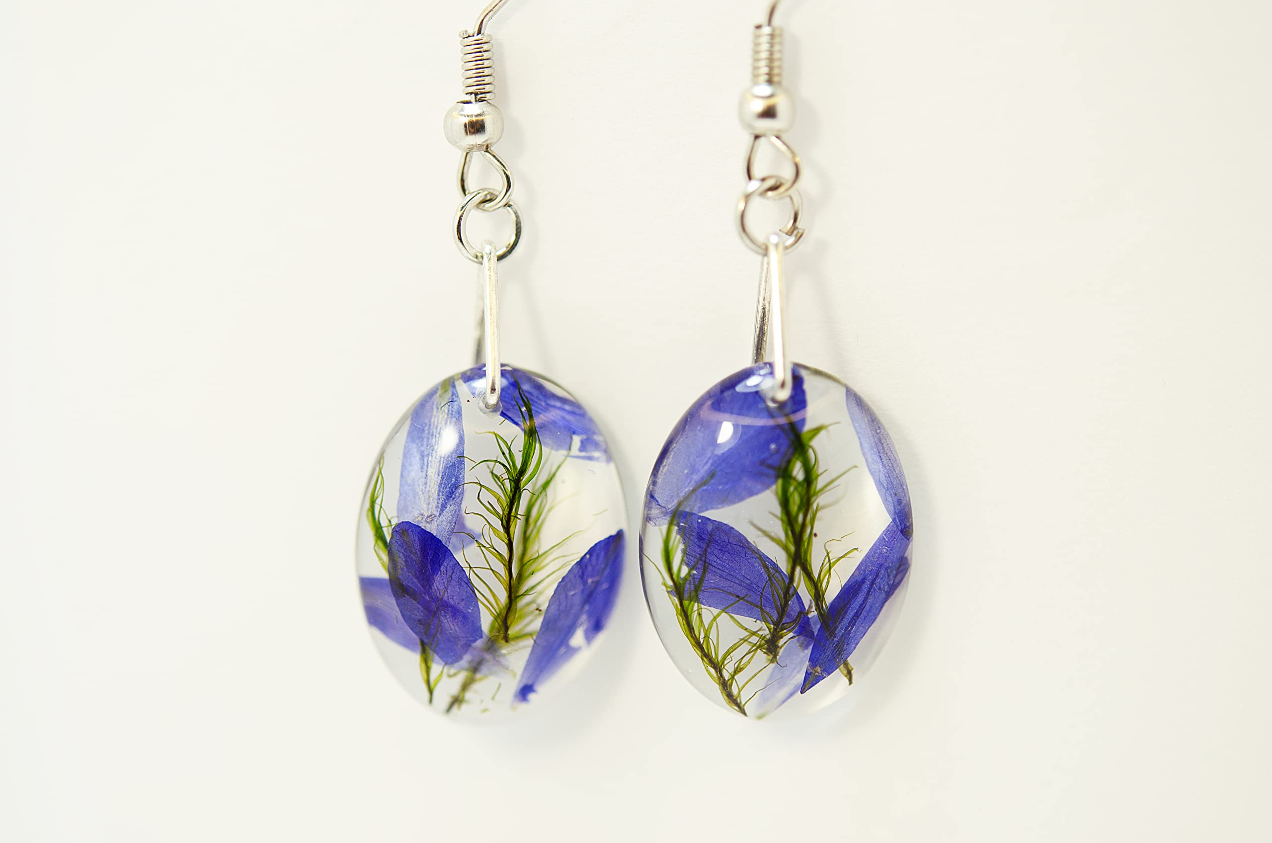 Handmade Resin Earrings with Blue Larkspur & Natural Moss - Pressed Real Flower Jewelry for Women - Boho Floral Dangle Earrings for Weddings, Parties & Everyday Wear