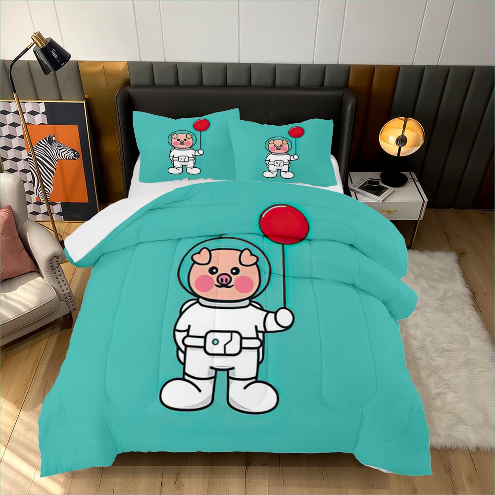 TiuZelf Cartoon Astronaut Twin Size Comforter Set - 3 Piece Bedding with 1 Comforter & 2 Pillowcases | Cute Pig & Red Balloon Design | Lightweight, Warm & Soft Cotton | All Season Use | Perfect for Kids' Rooms, Dorm Decor & Space-Themed Bedrooms