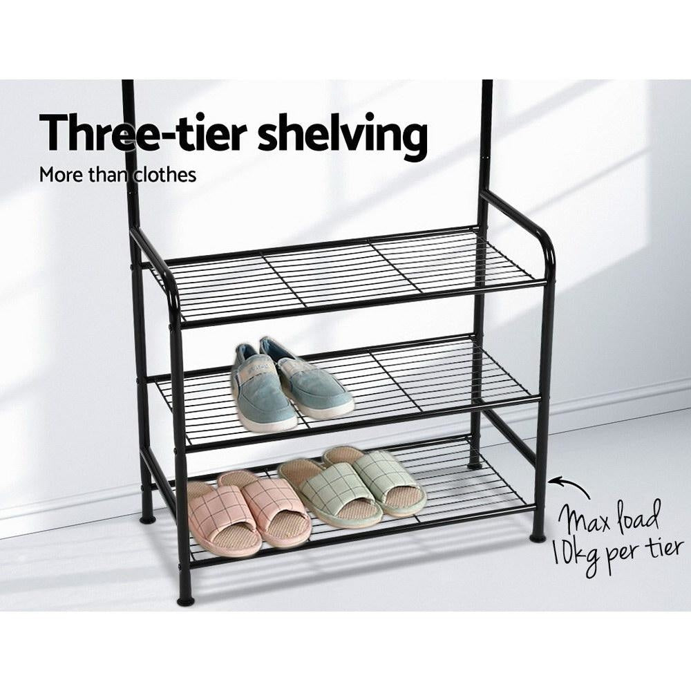 Portable Metal Clothes Rack with Shoe Storage - Black Garment Hanger & Coat Stand for Bedroom, Closet, or Entryway Organization