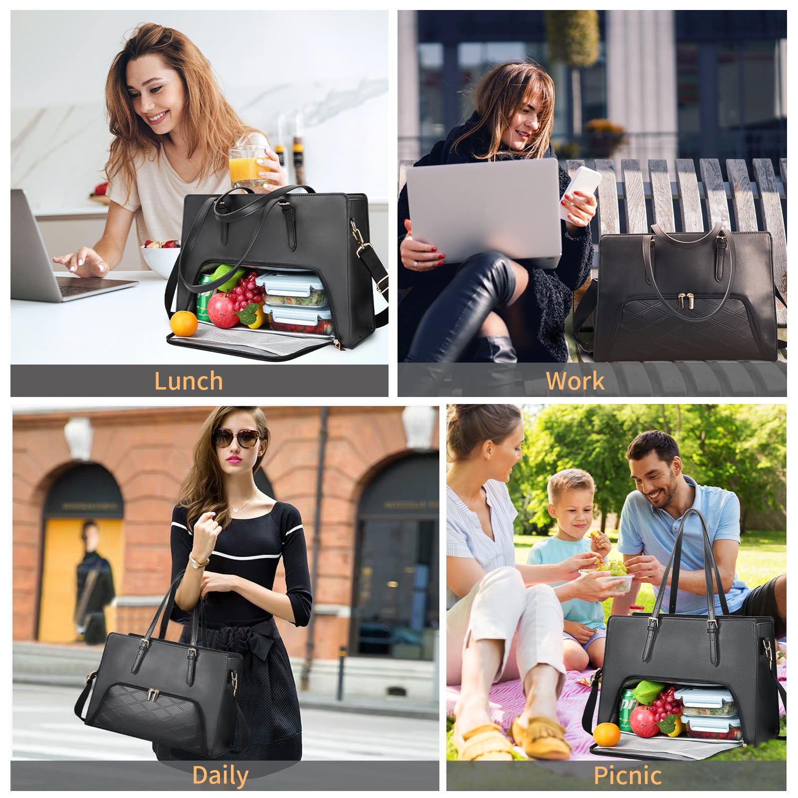 BERTASCHE 15.6 Inch Laptop Tote Bag for Women - PU Leather Waterproof Work Bag with Insulated Lunch Compartment - Business Briefcase & Office Shoulder Handbag - Perfect for Commuting, Business Travel & Work Essentials (Black)