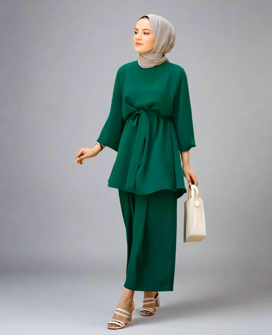 Modest Muslim Women's 2-Piece Outfit Set - Long Sleeve Top & Loose Pants | Islamic Prayer Dress, Eid Outfit, Daily Wear & Mosque Attire