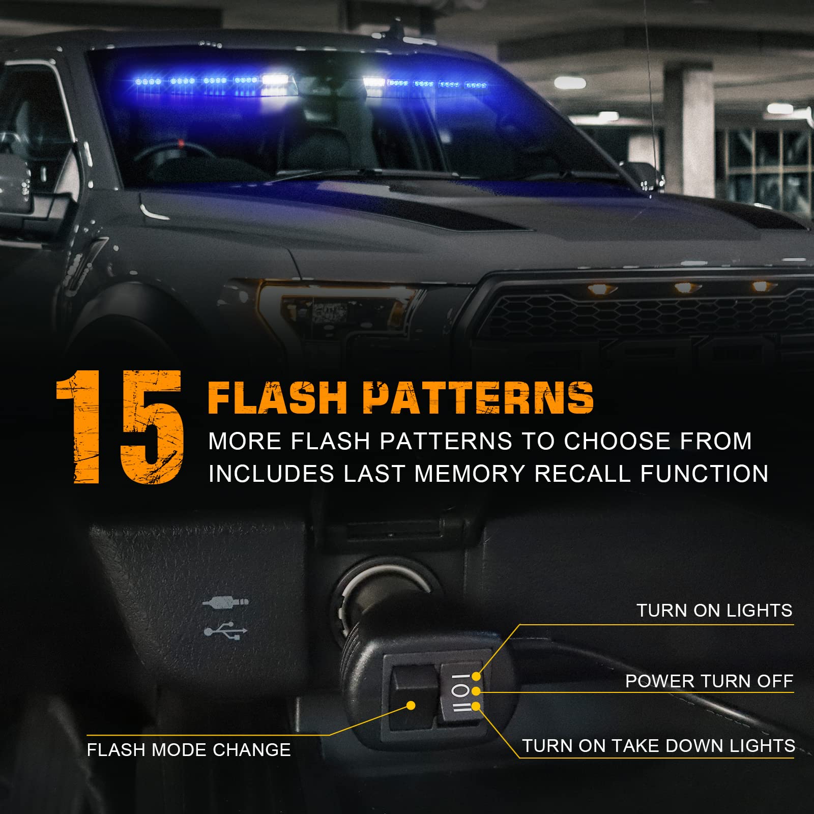 XRIDONSEN 40 LED Blue Emergency Visor Light Bar - 2x17 Inch Interior Windshield Strobe Warning Lights with White Take Down Deck & Split Mount for Police, Firefighter, Security Vehicles & Trucks - Perfect for Roadside Emergencies, Night Patrols & Traffic Control
