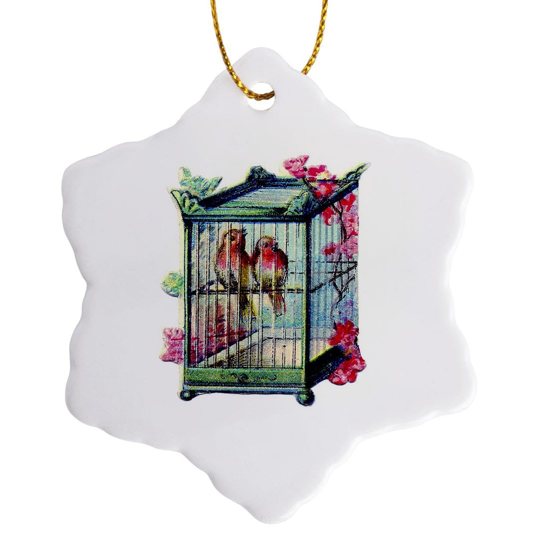 3D Victorian Birds and Cage Pink Green Yellow Snowflake Ornament - 3 Inch Christmas Tree Decoration for Holiday Home Décor, Gift, and Party Decorations
