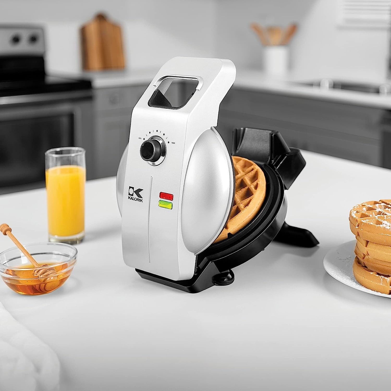 Kalorik Mess-Free Easy Pour Waffle Maker - Non-Stick Belgian Waffle Iron with Drip Tray - Perfect for Breakfast, Brunch & Family Gatherings