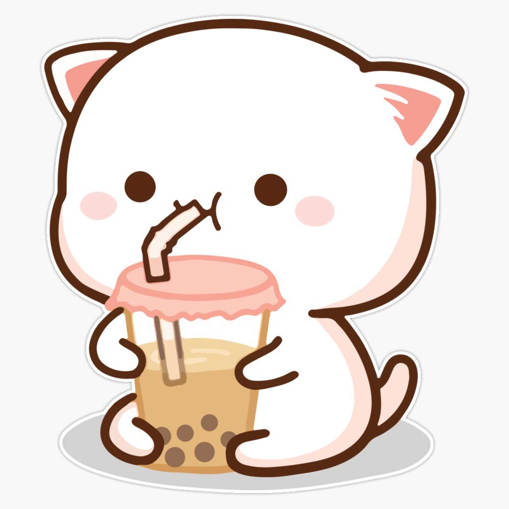 Peach and Goma Mochi Cat Bubble Tea Vinyl Sticker - Waterproof 5 Inch Decal for Laptops, Water Bottles & Car Bumpers - Cute Kawaii Anime Stickers for Scrapbooking and DIY Crafts