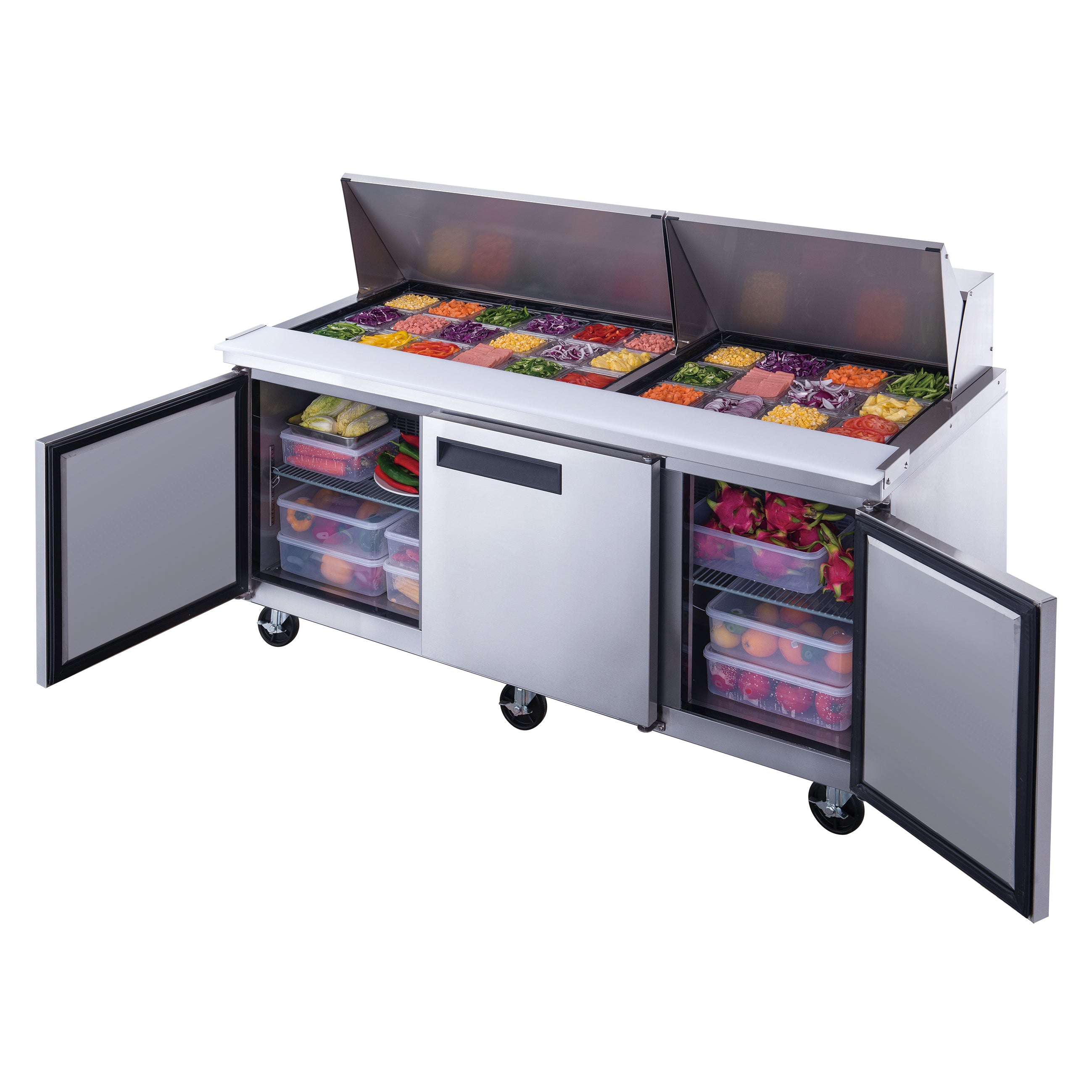 Dukers DSP72 30M 3-Door Commercial Refrigerator - 30 Cubic Feet Stainless Steel Food Prep Table with Mega Top | Ideal for Restaurants, Catering & Commercial Kitchens