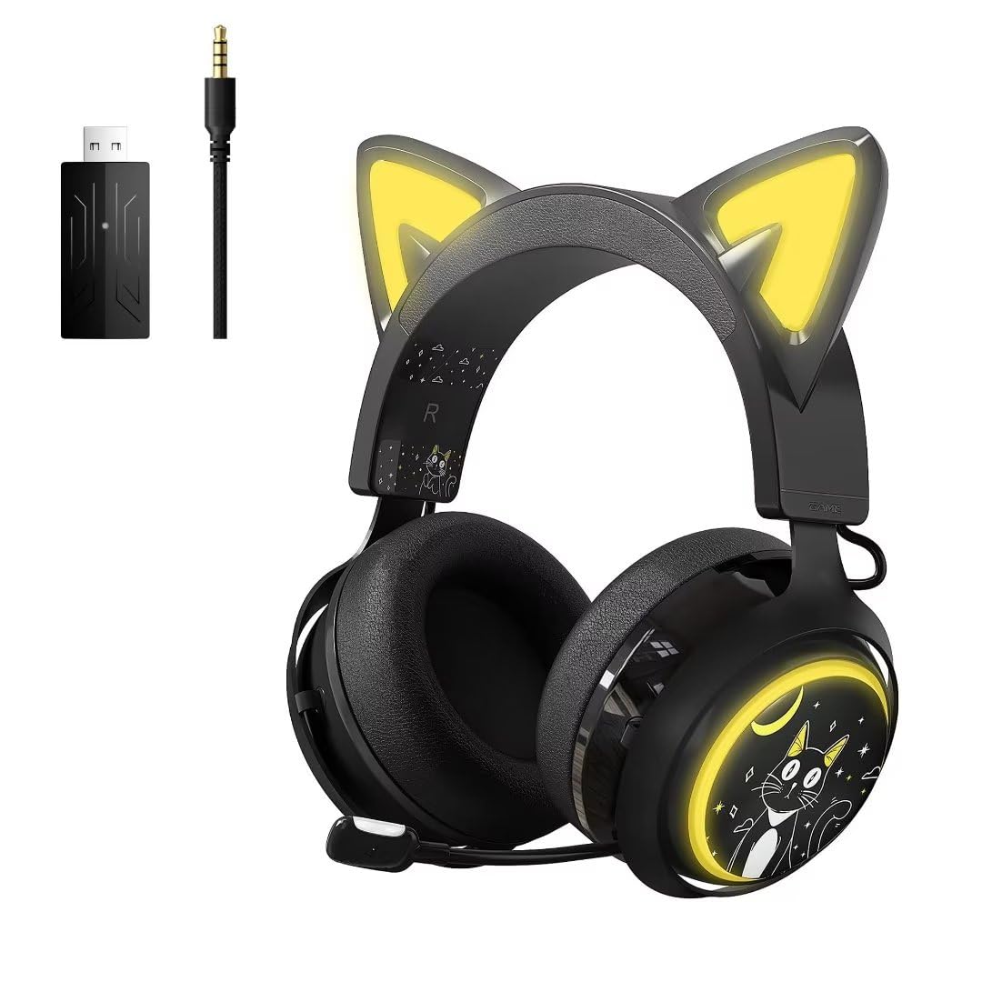 SOMIC GS510 Pro Black Cat Ear Headphones - Wireless 2.4G/Bluetooth Gaming Headset with RGB Lights, Retractable Mic & 7.1 Surround Sound for PS5, PS4, PC, Laptop, Smartphone - 10 Hours Playtime - Perfect for Gaming, Streaming & Online Classes