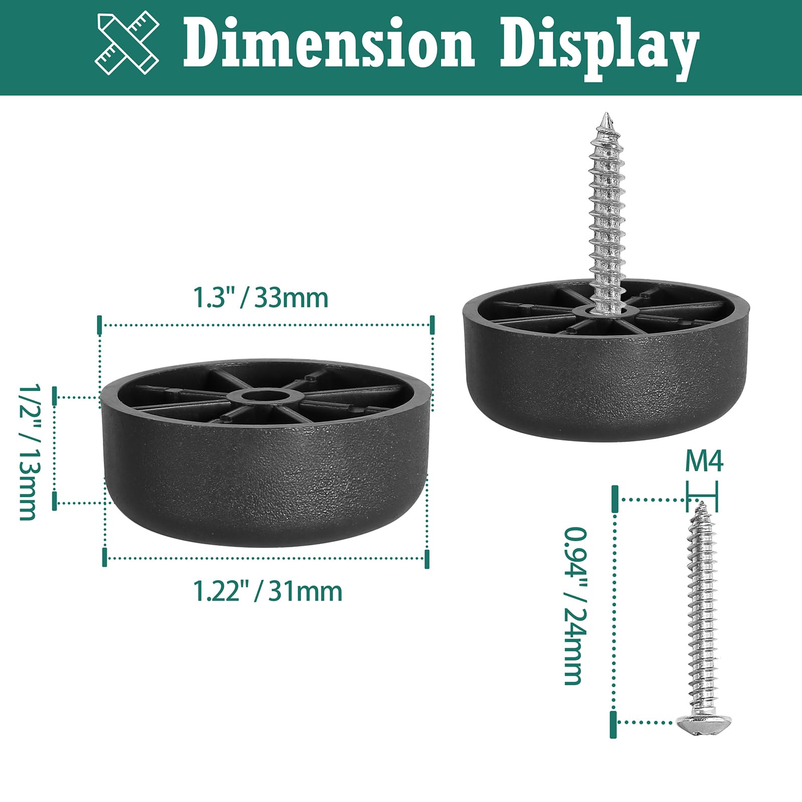 1/2 Inch Black Plastic Furniture Legs - Screw-in Round Tapered Replacement Legs for Couch, Sofa & Table (Pack of 4) - Perfect for DIY Furniture Repair & Home Decor Upgrade