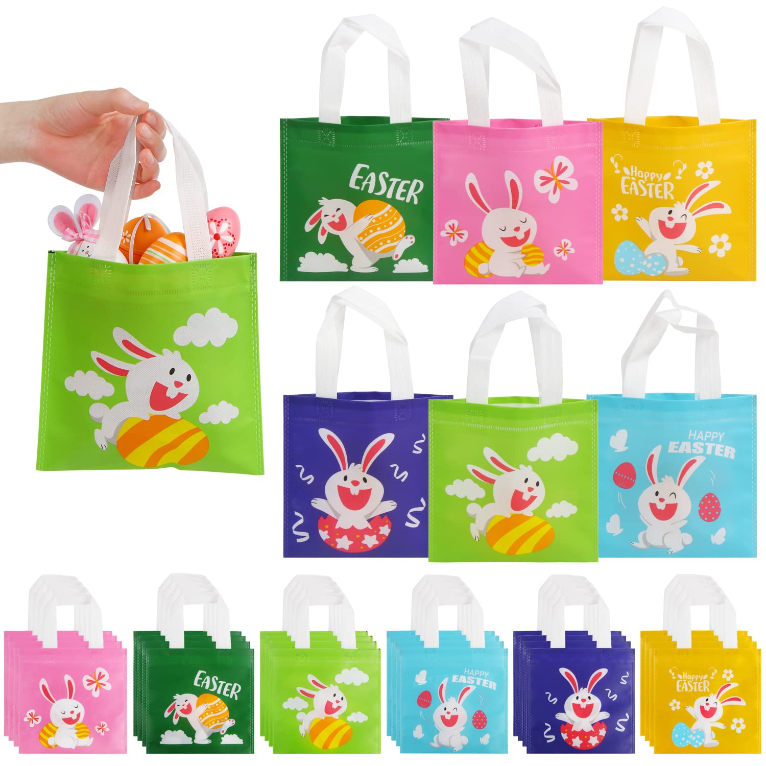 24 Pack Easter Bunny Non-Woven Tote Bags with Handles - Cute DIY Easter Gift Bags for Kids Party Favors, Egg Hunt & Spring Celebrations - Perfect for Classroom Treats, Easter Basket Stuffers & Holiday Decorations