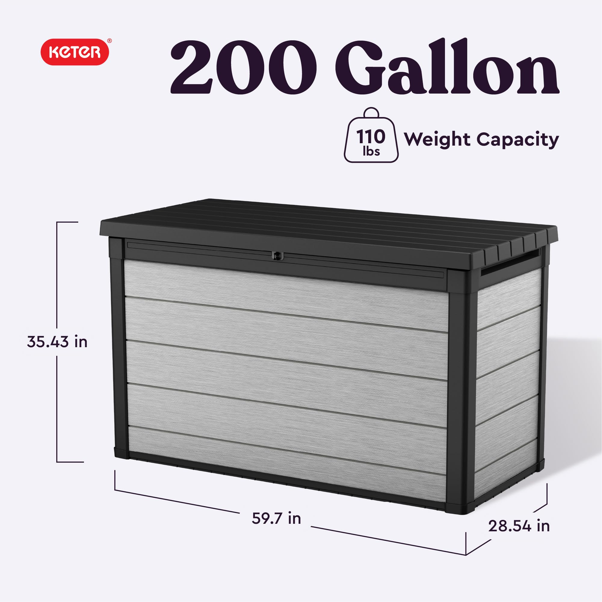 Keter Denali 200 Gallon Resin Deck Box with Double Wall 20mm Panels - Paintable & Drillable Outdoor Storage for Patio Furniture, Cushions, Pool Toys & Garden Tools - Grey & Black Weatherproof Organizer