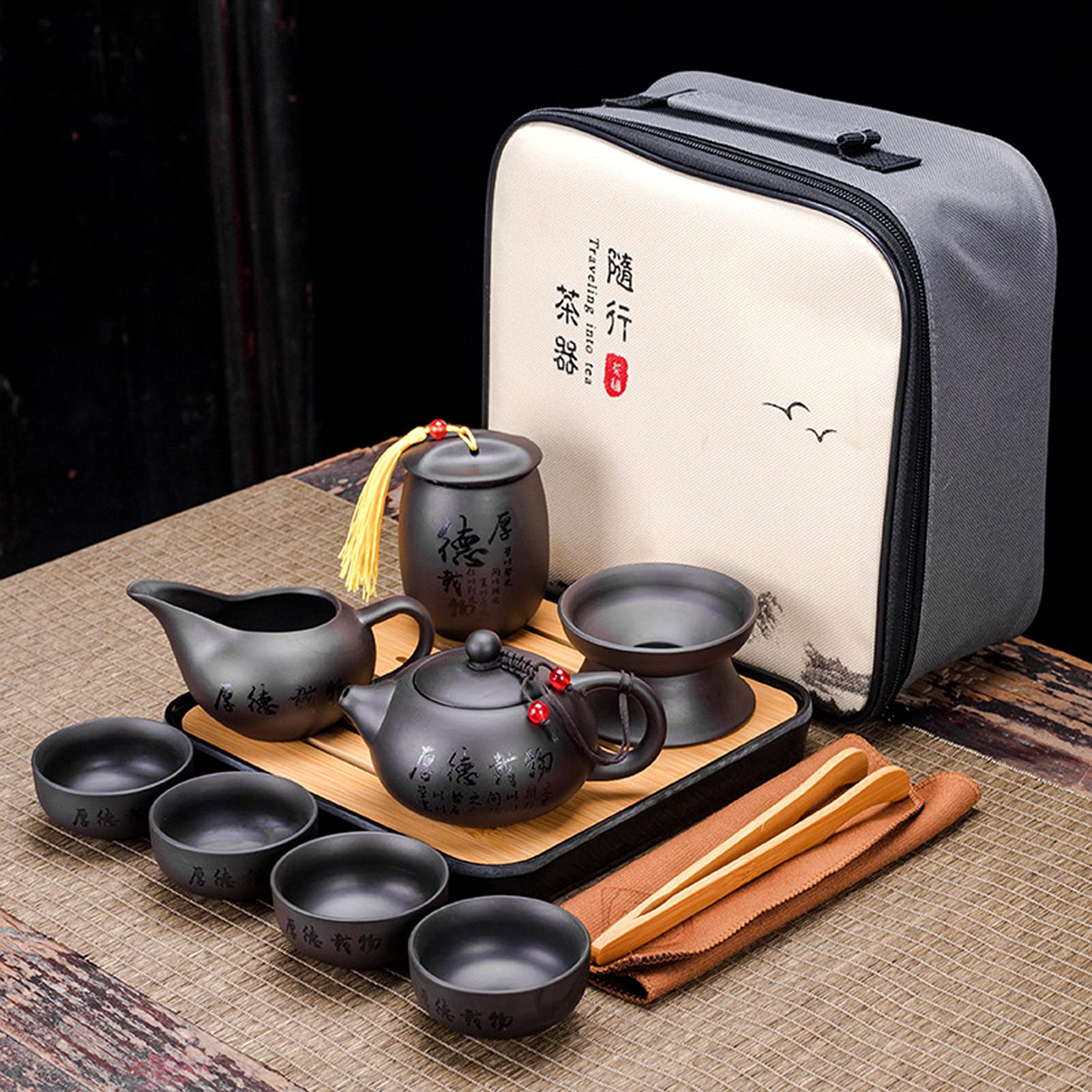 Premium Ceramic Kungfu Tea Set - Portable Travel Tea Set with Teapot, 4 Teacups, Tea Canister & Bamboo Tea Tray | Complete Gift Set with Travel Bag | Perfect for Home, Office, Camping & Outdoor Tea Ceremonies