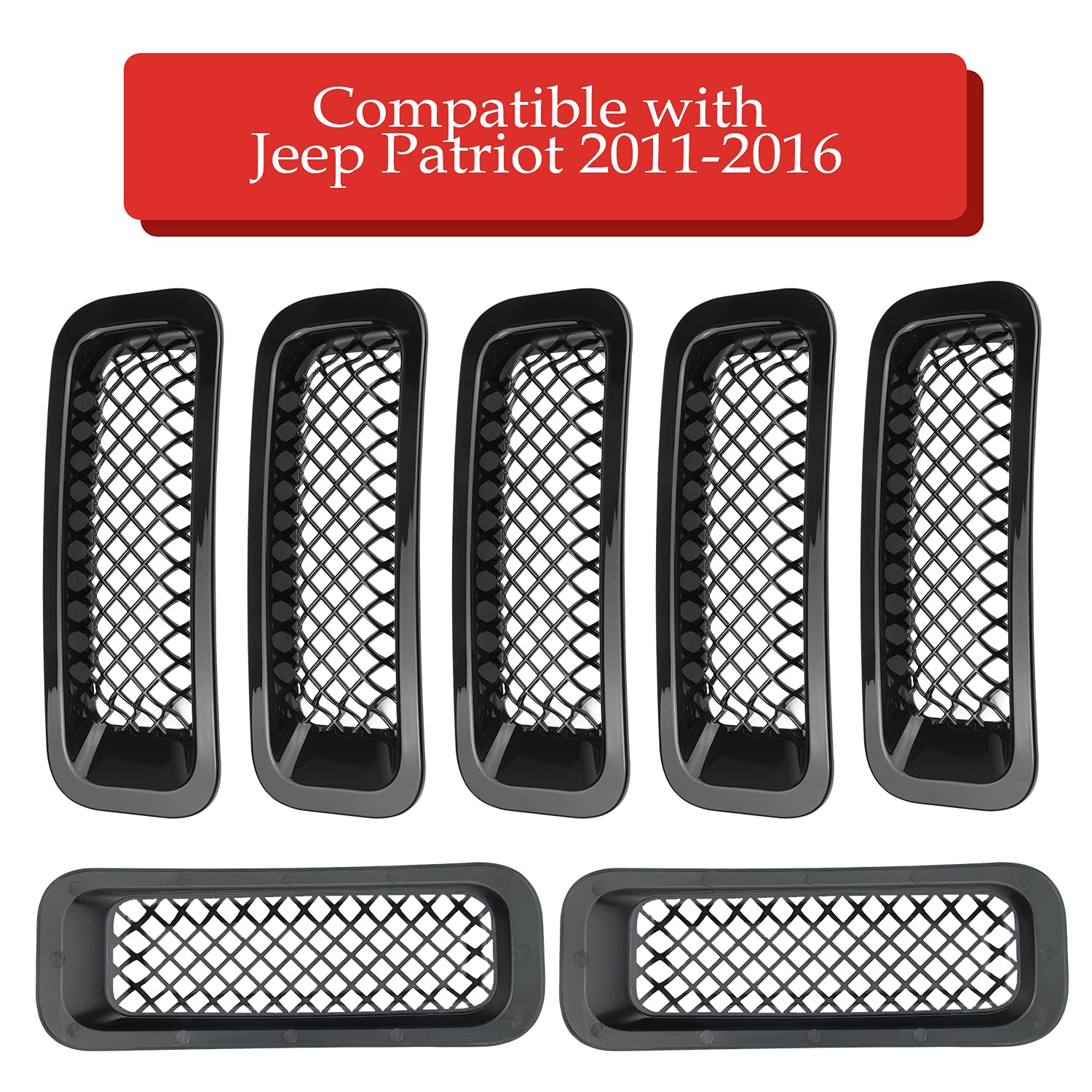 AVOMAR Black Front Grille Mesh Insert & Angry Bird Headlight Cover Kit - Compatible with Jeep Patriot 2011-2016 - Upgrade Your Jeep's Aggressive Style for Off-Road Adventures & Car Shows