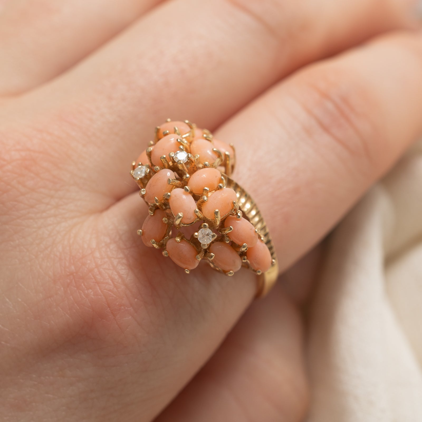 2.25ctw Scattered Coral & Diamond Cocktail Ring - 0.08ctw Diamond Accents - Size 8.75 - Elegant Statement Jewelry for Parties, Weddings & Special Occasions