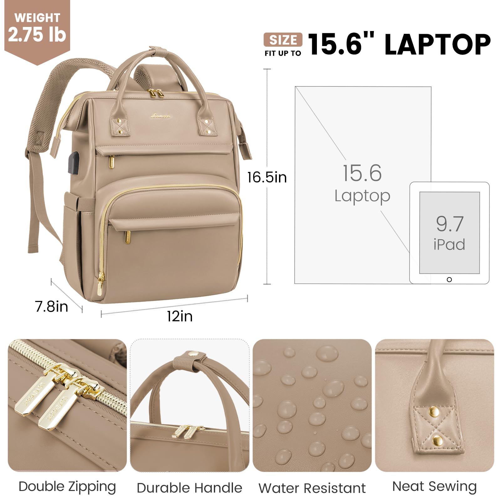 LOVEVOOK Leather Laptop Backpack for Women 15.6 Inch, Stylish Travel Backpack Purse for Nurse Teacher & Professionals, Durable College Business Work Bag with USB Port, Sandy - Perfect for Commuting, Campus, and Office Use