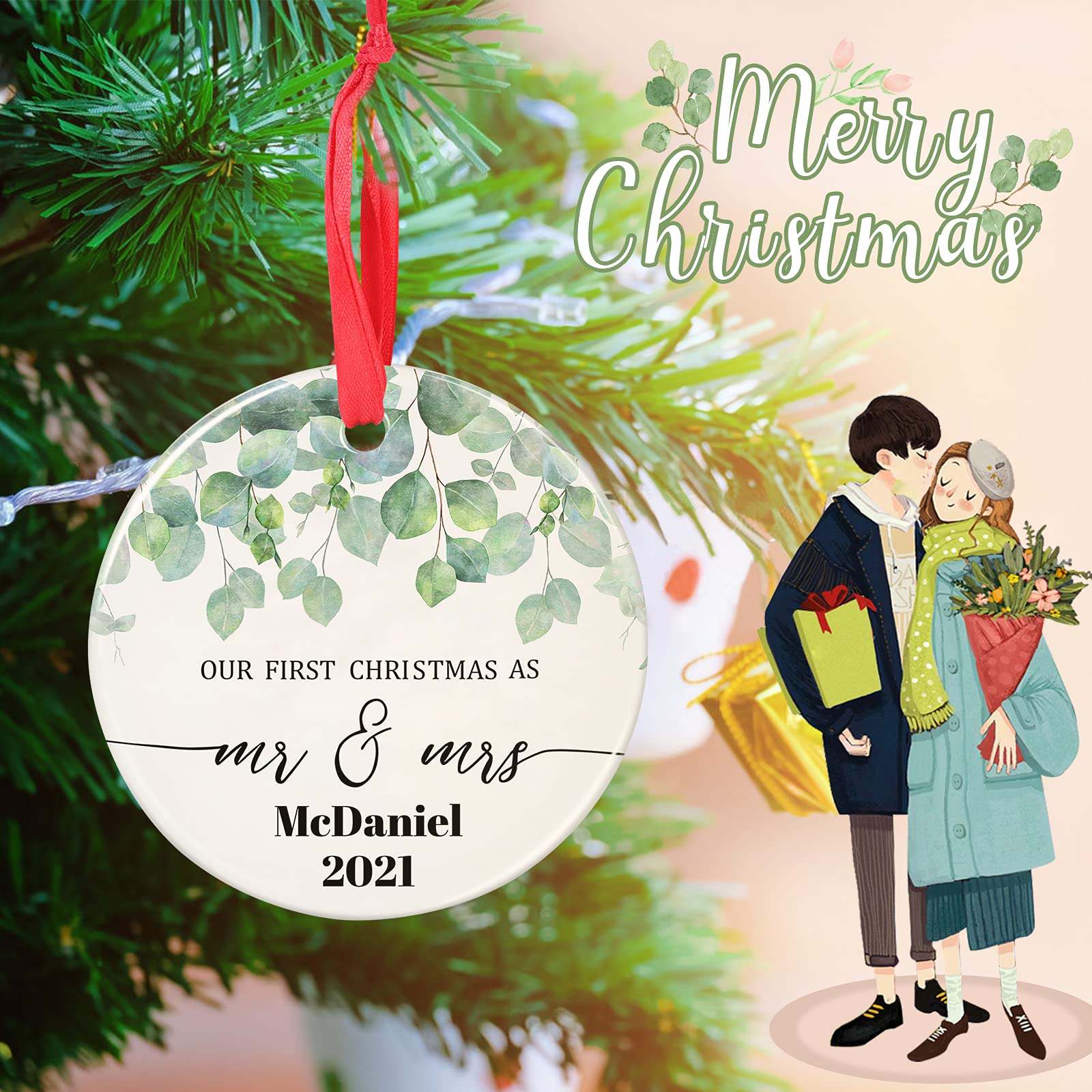 Personalized Mr and Mrs Christmas Ornaments - Custom Engraved Our First Christmas Ornament, Just Married Wedding Gift for Couples - Perfect for Bridal Shower, Anniversary & Holiday Decor