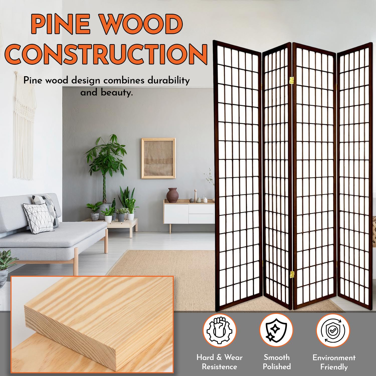 Legacy Decor 4-Panel Room Divider - 6ft Tall Portable & Foldable Freestanding Privacy Screen - Shoji Style Dressing Screen for Home, Office & Studio - Espresso Finish | Perfect for Room Separation, Changing Area, and Temporary Wall Partition